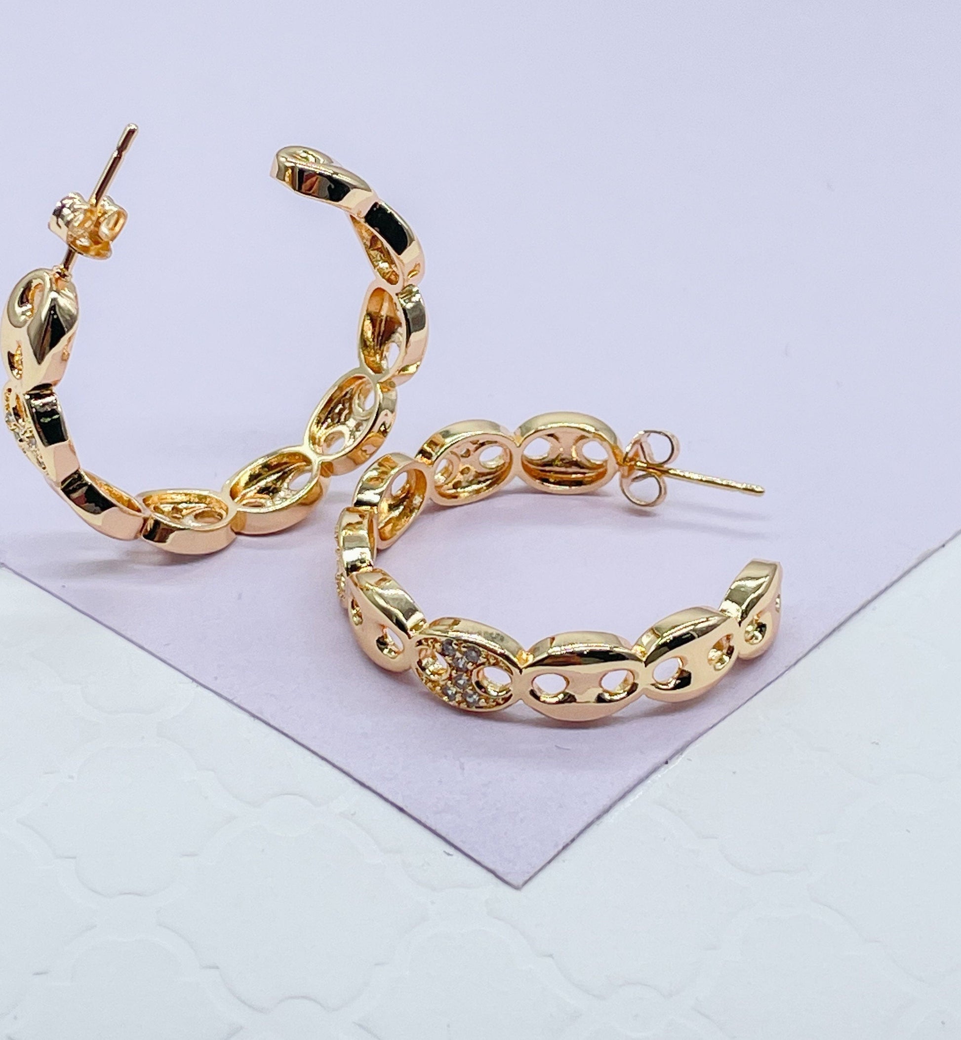 18k Gold Filled Open Puffy Mariner Link Hoop Earring Patterned With Pave Link Pieces
