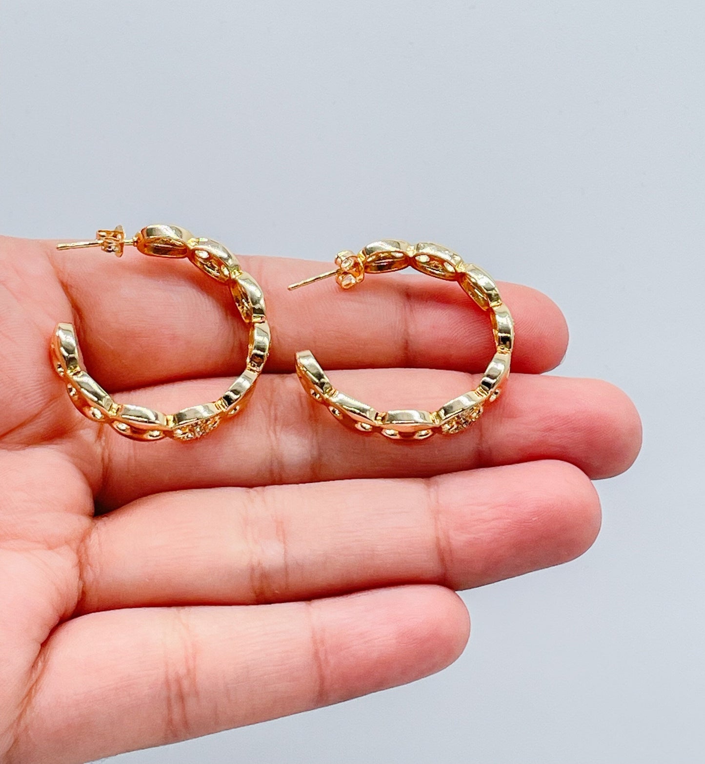 18k Gold Filled Open Puffy Mariner Link Hoop Earring Patterned With Pave Link Pieces