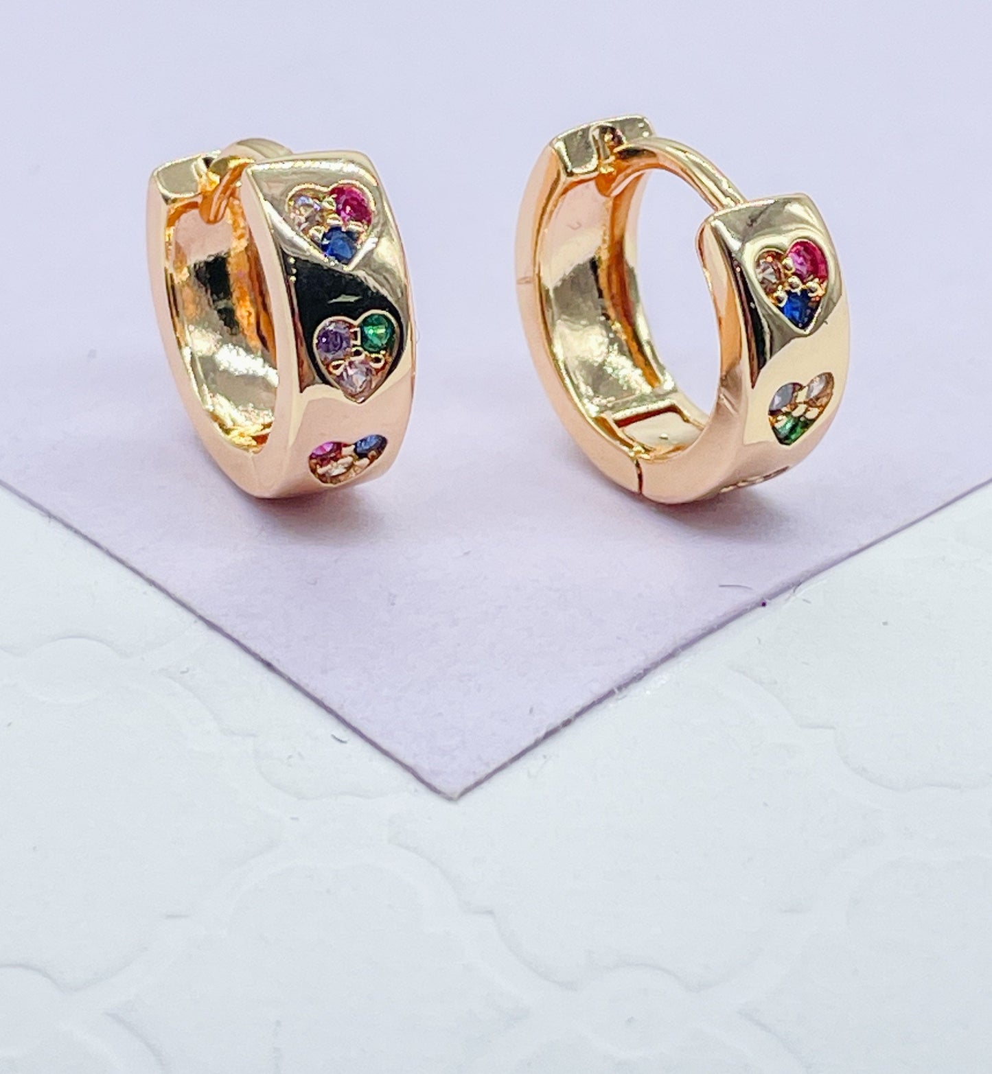 18k Gold Filled Huggie Earring With Colorful Stoned Hearts