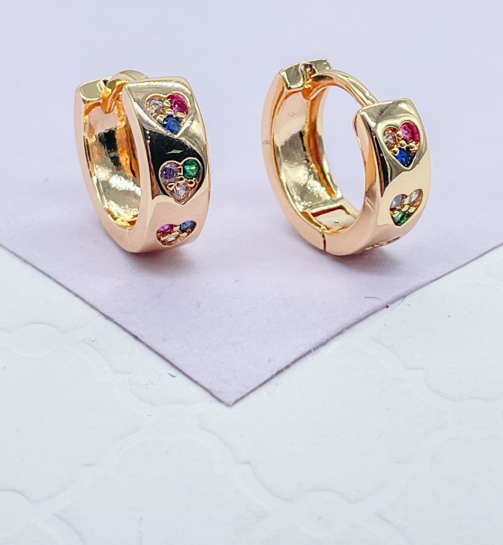18k Gold Filled Huggie Earring With Colorful Stoned Hearts