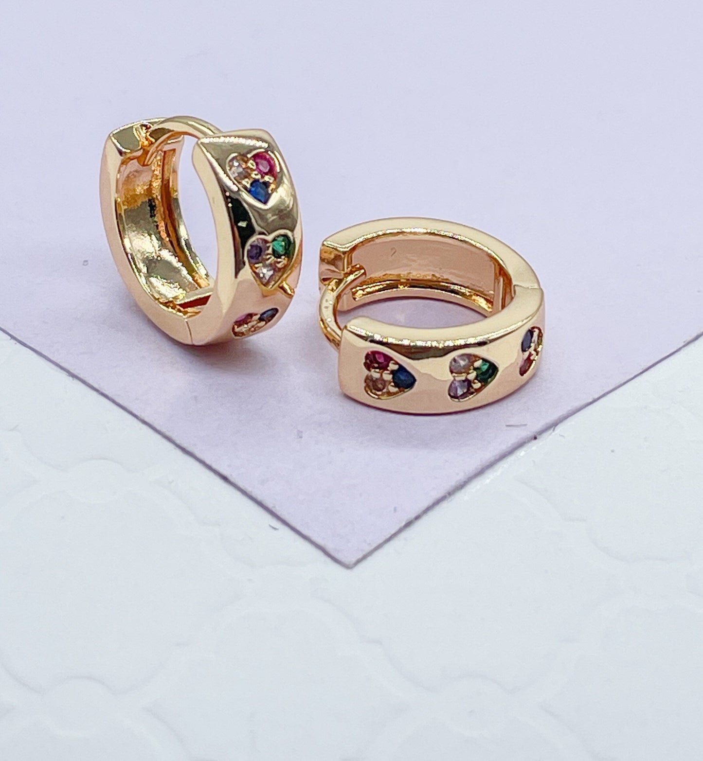 18k Gold Filled Huggie Earring With Colorful Stoned Hearts