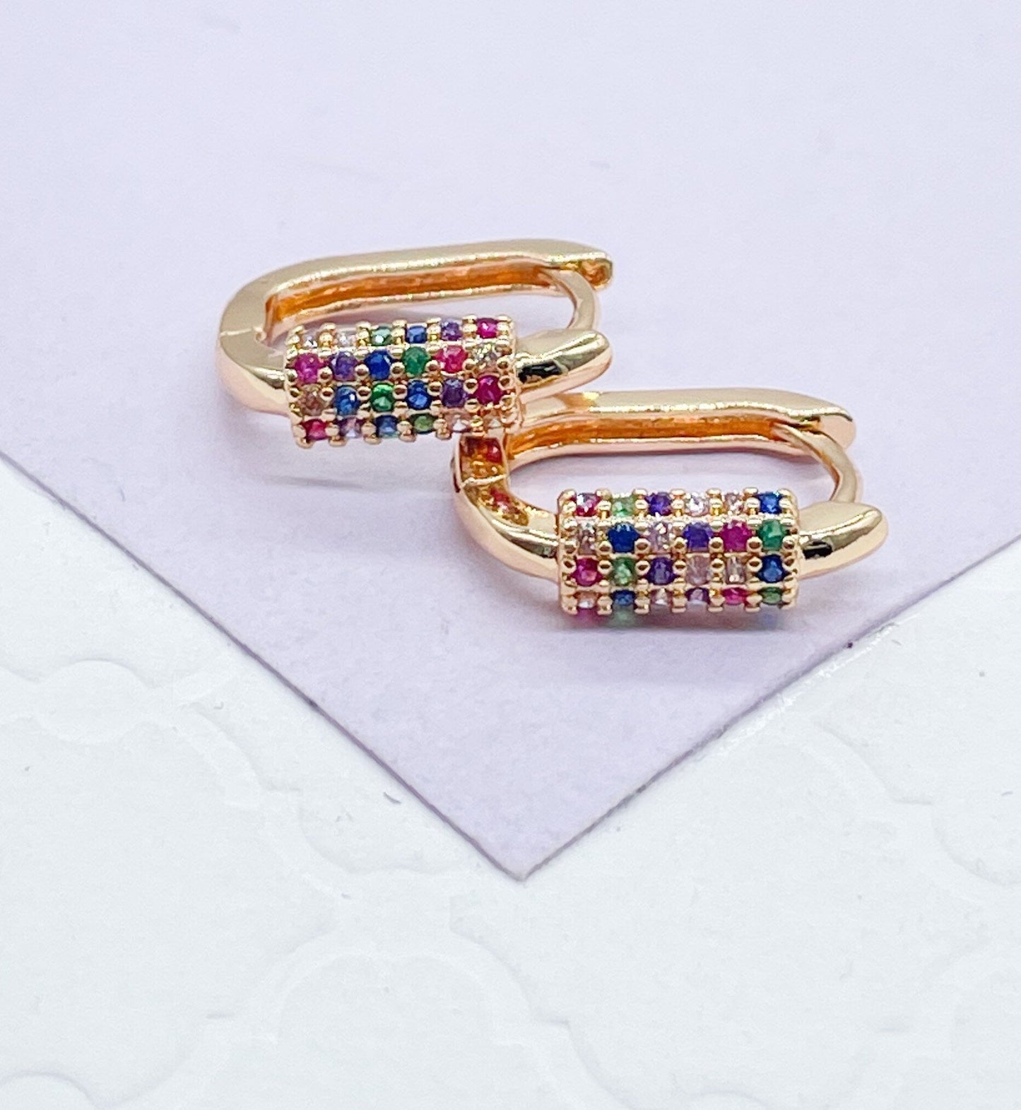 18k Gold Filled Colorful Stoned Carabiner Huggie Earring