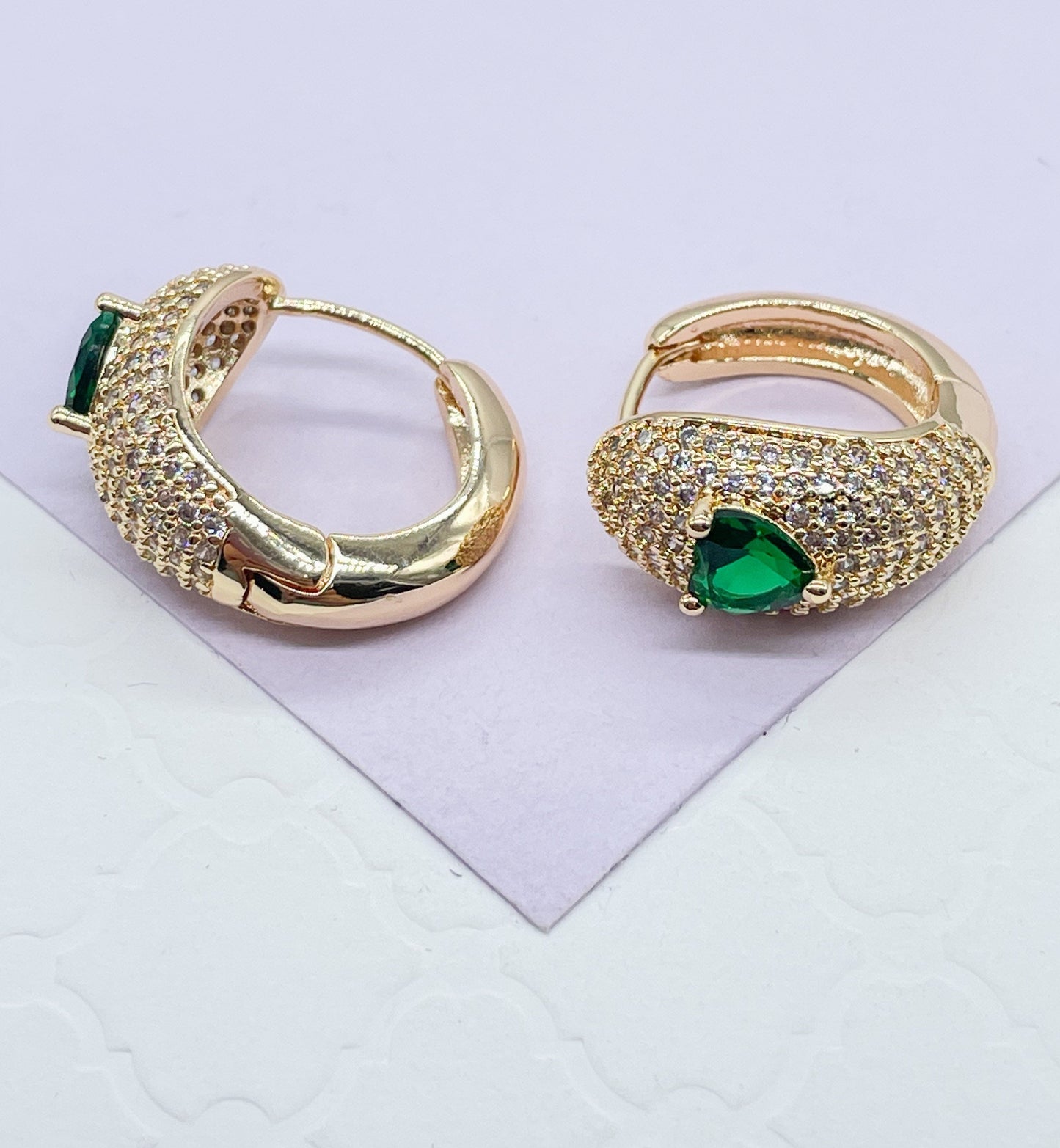 18k Gold Filled Chunky Pave Huggies Earrings With 3 Different Colorful Stone in Center