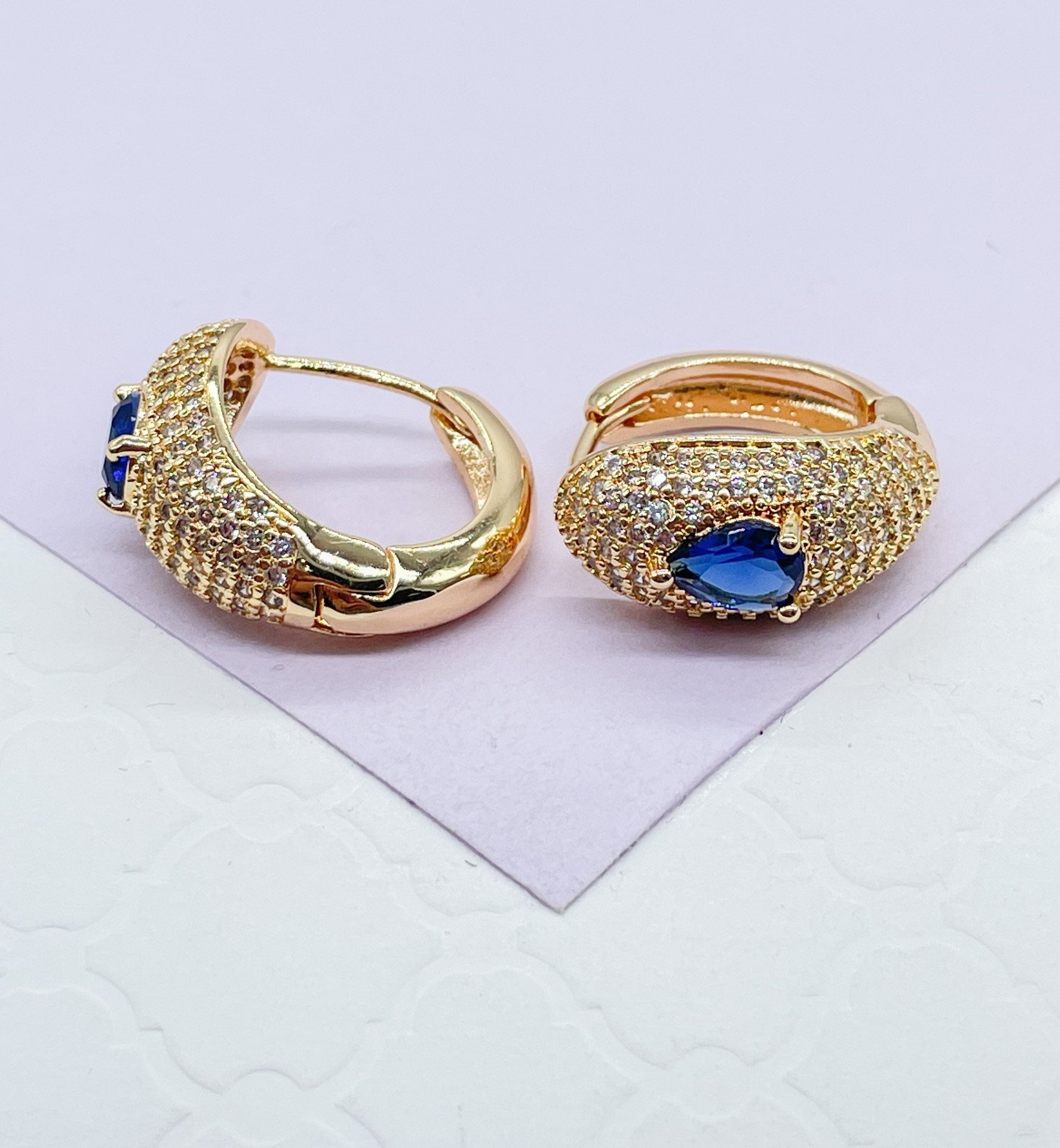 18k Gold Filled Chunky Pave Huggies Earrings With 3 Different Colorful Stone in Center
