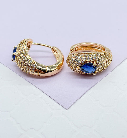 18k Gold Filled Chunky Pave Huggies Earrings With 3 Different Colorful Stone in Center