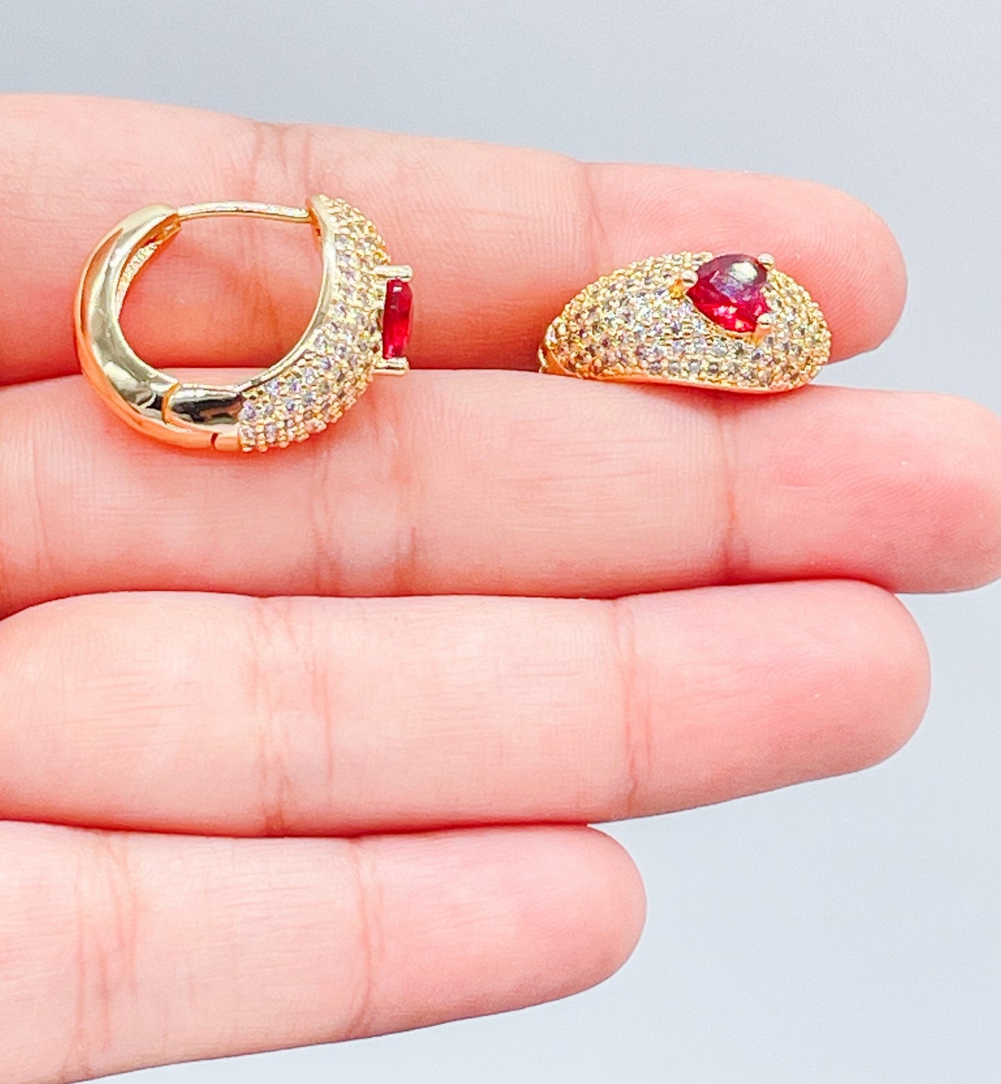 18k Gold Filled Chunky Pave Huggies Earrings With 3 Different Colorful Stone in Center