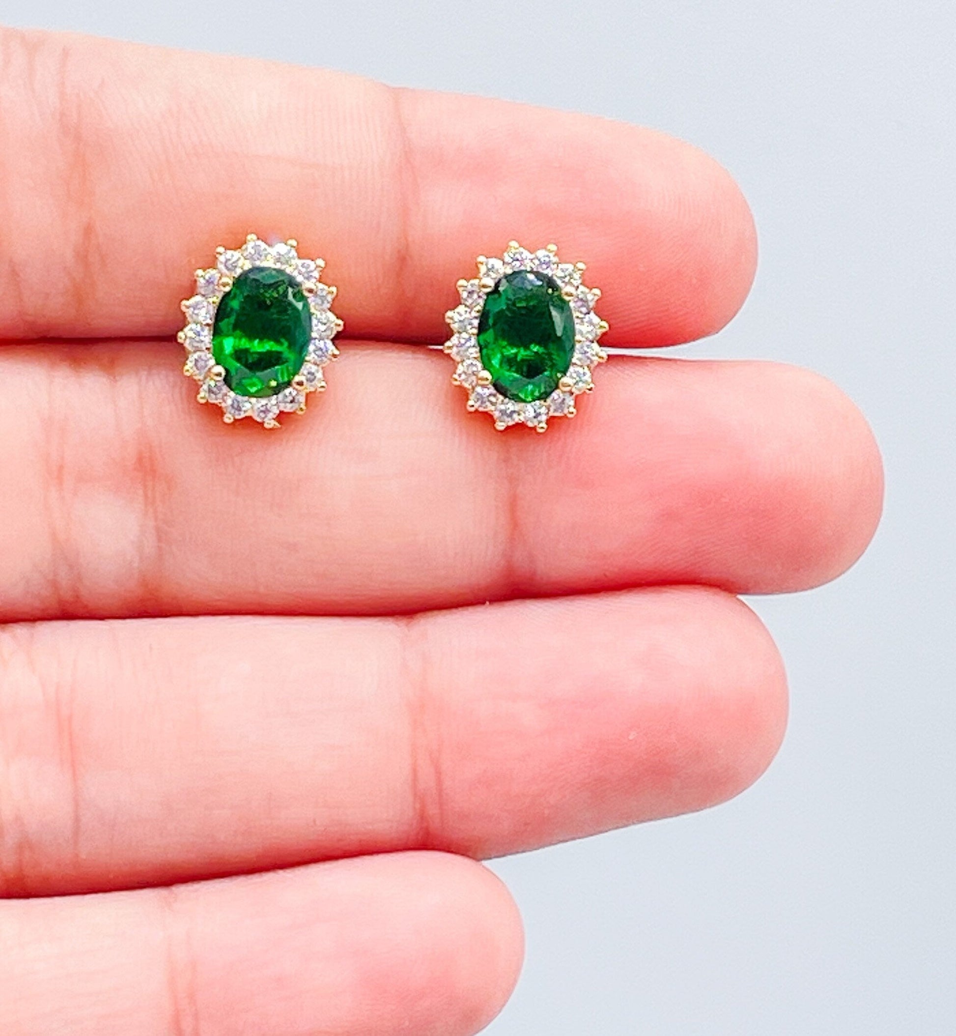 18k Gold Filled Emerald Green Stud Earring Crowned with White CZ Stones