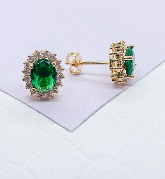 18k Gold Filled Emerald Green Stud Earring Crowned with White CZ Stones