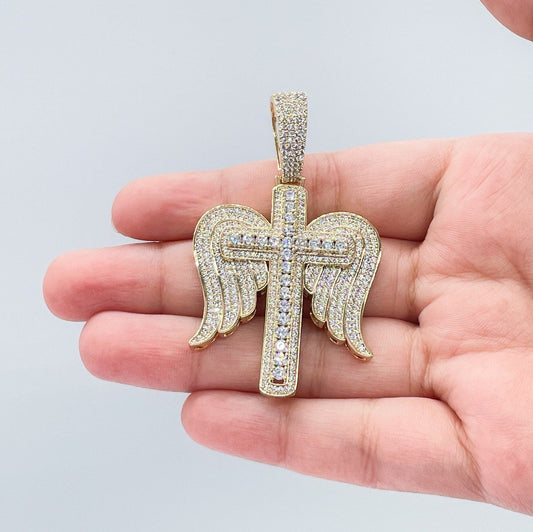 18k Gold & Silver Filled CZ Pave Zirconia Open Angel Wings Angel featuring a Stone Cross in the Center