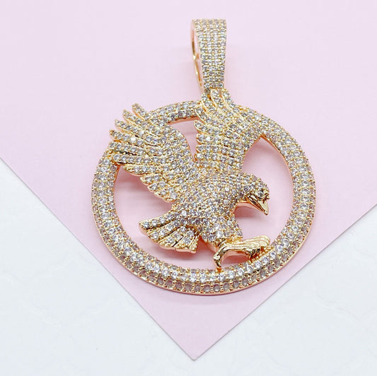 18k Gold Filled Cz Pave Hawk Medal Pendant Bald Eagle Charm