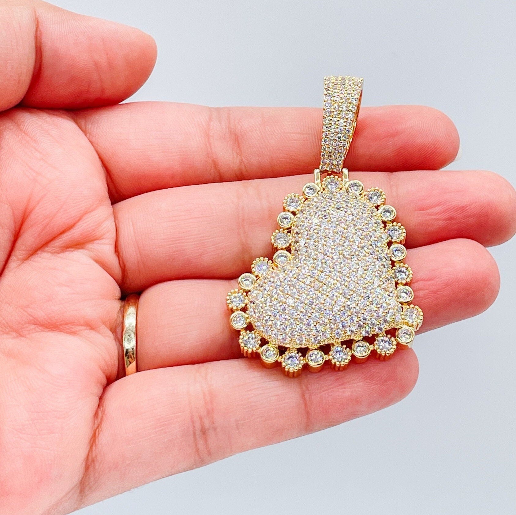 18k Gold Filled CZ Pave Large Puffy Heart Charm Pendant Crowned with Small Circle Zirconia