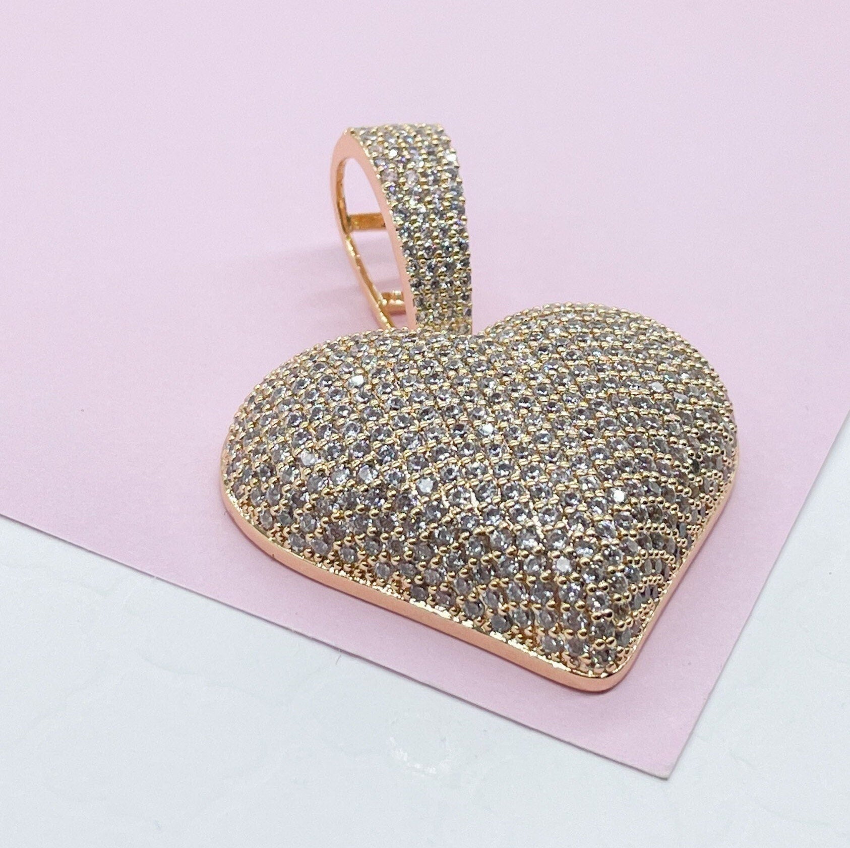 18k Gold Filled CZ Pave Large Puffy Heart Charm Pendant