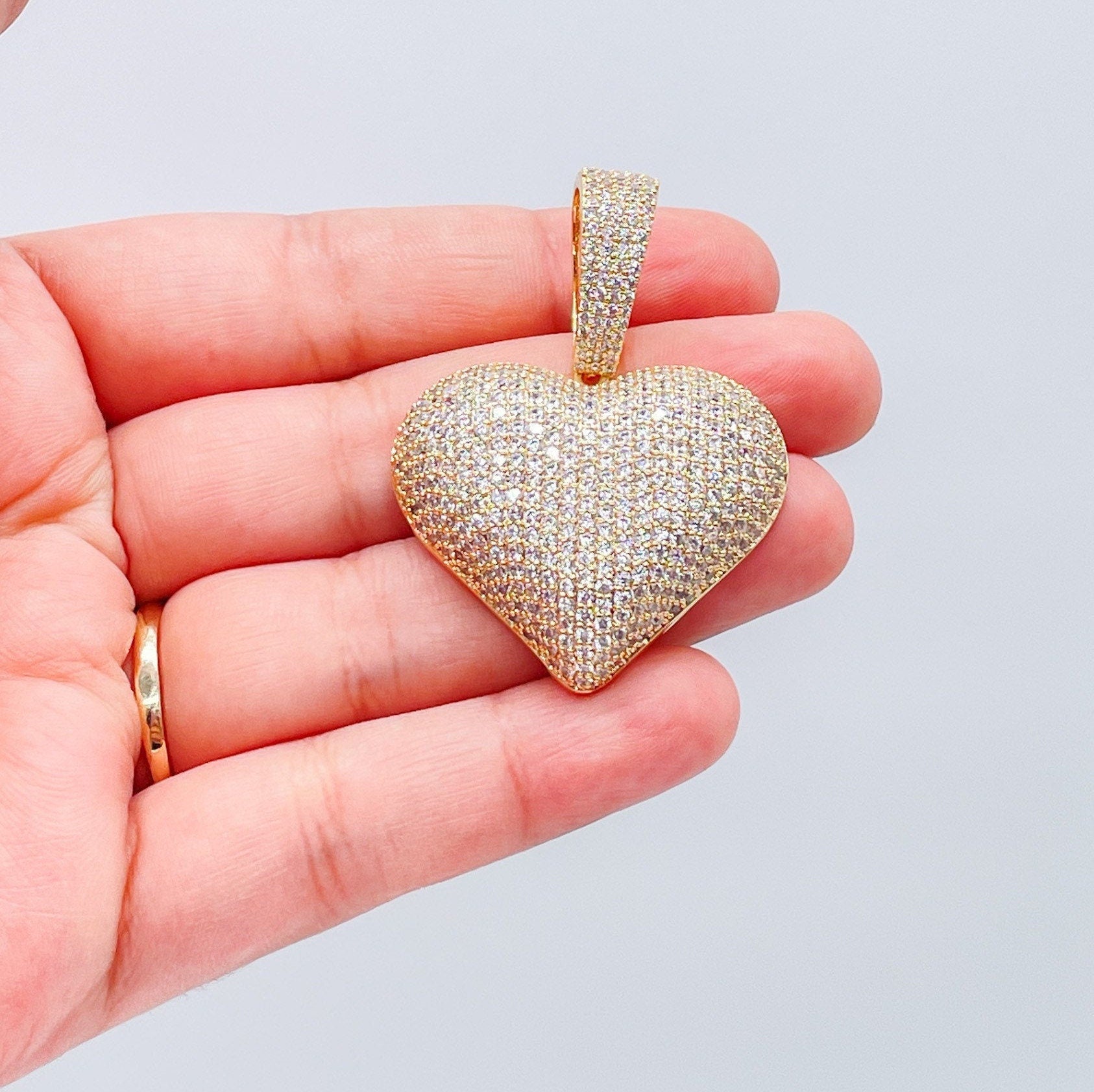 18k Gold Filled CZ Pave Large Puffy Heart Charm Pendant