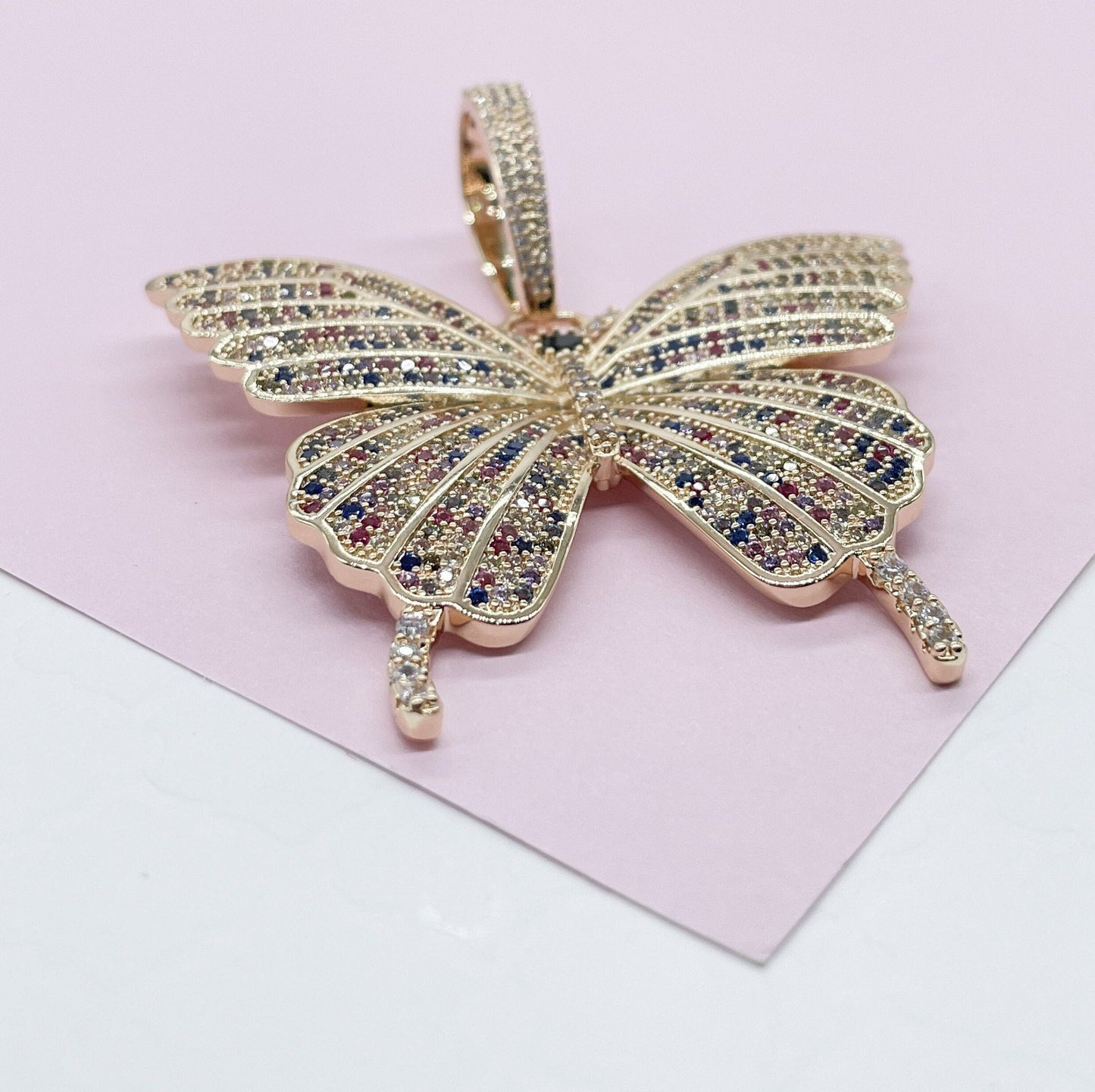 18k Gold Filled Colorful CZ Pave Extra-Large Butterfly Pendant