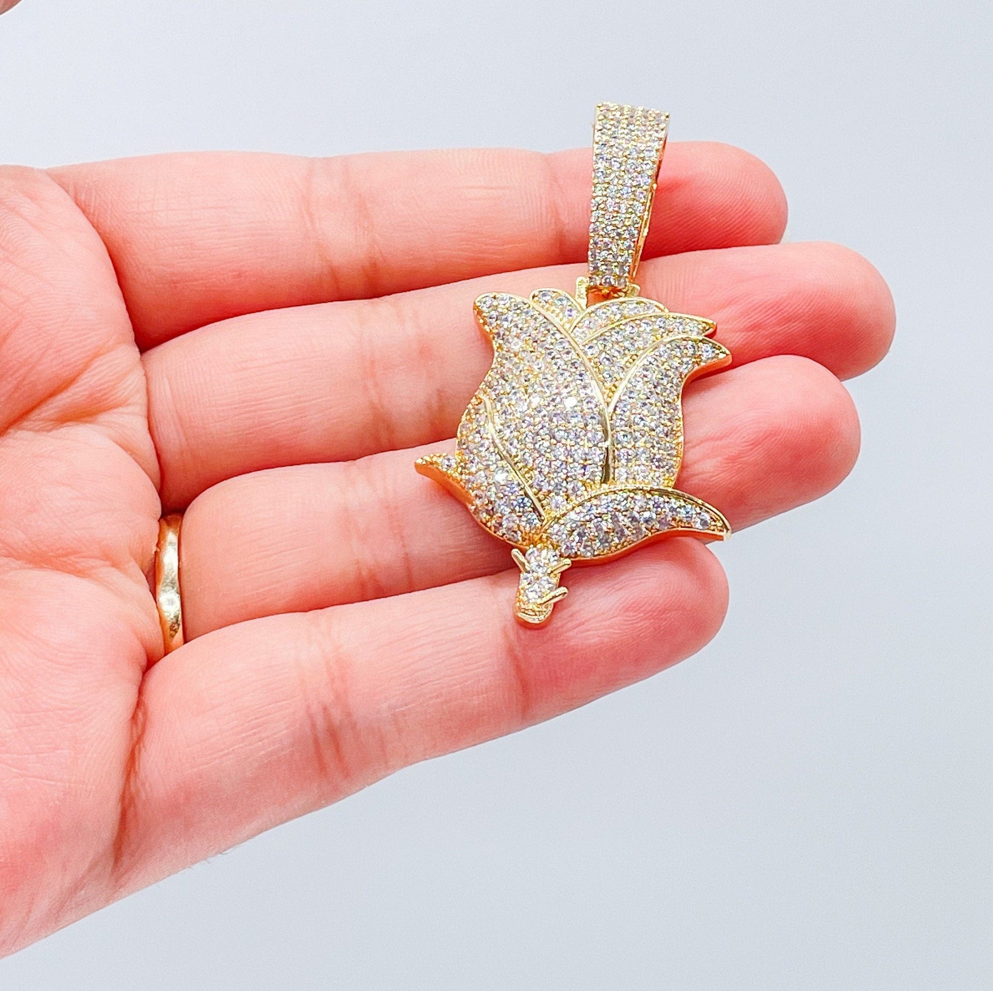 18k Gold Filled Large White CZ Pave Rose Pendant