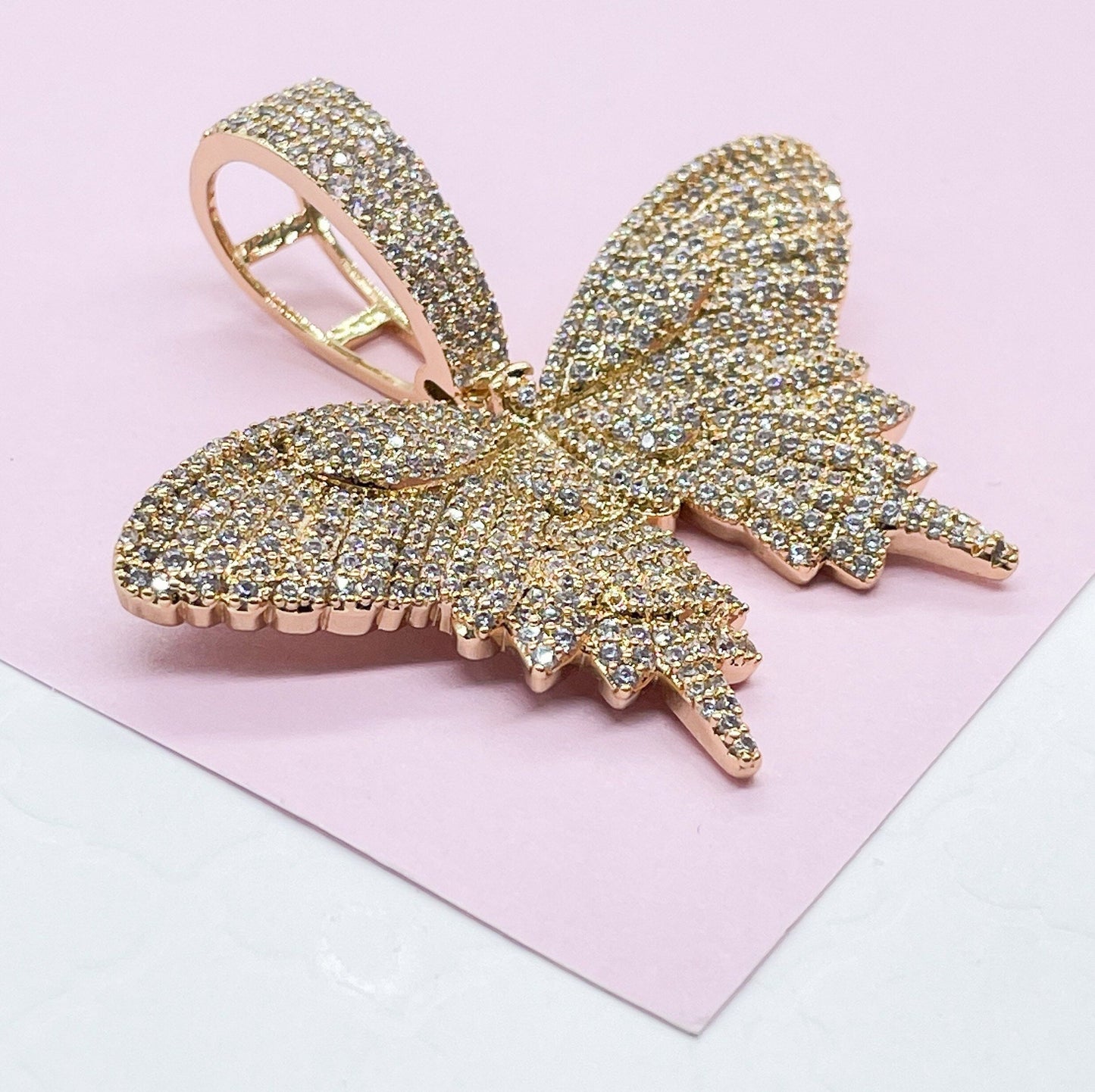 18k Gold Filled CZ Pave Large Butterfly Pendant