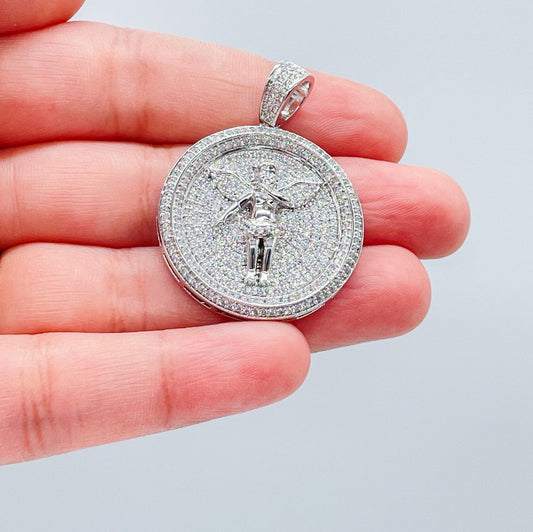 Silver Filled CZ Pave Zirconia Open Wings Angel Pendant Medal