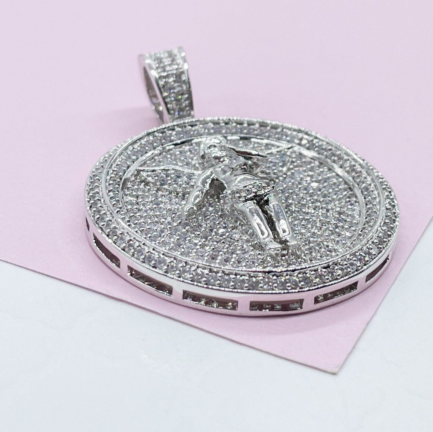 Silver Filled CZ Pave Zirconia Open Wings Angel Pendant Medal