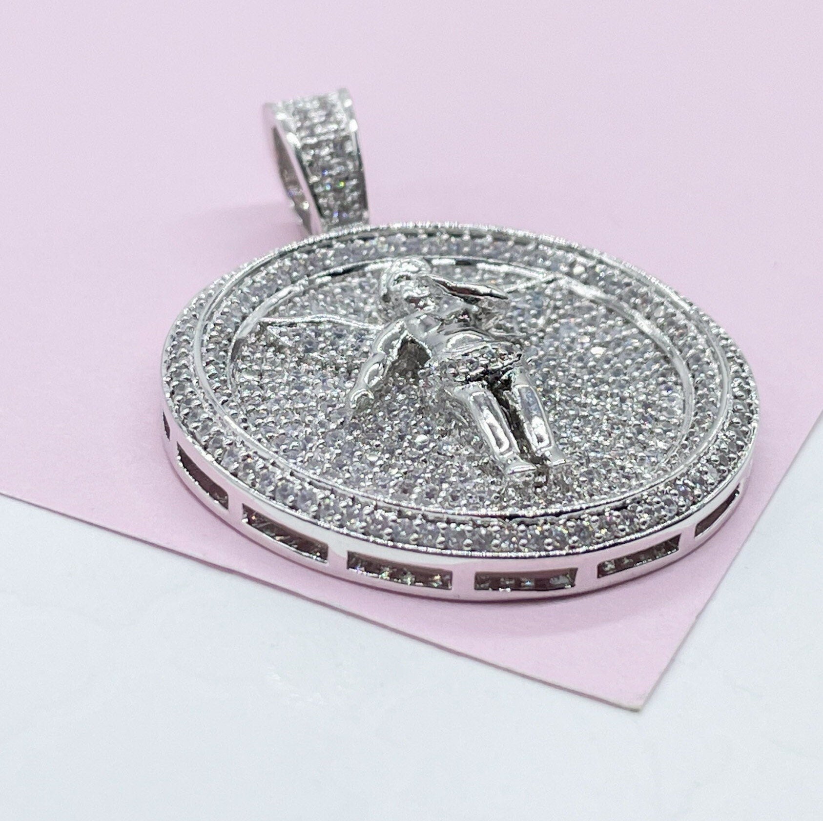 Silver Filled CZ Pave Zirconia Open Wings Angel Pendant Medal