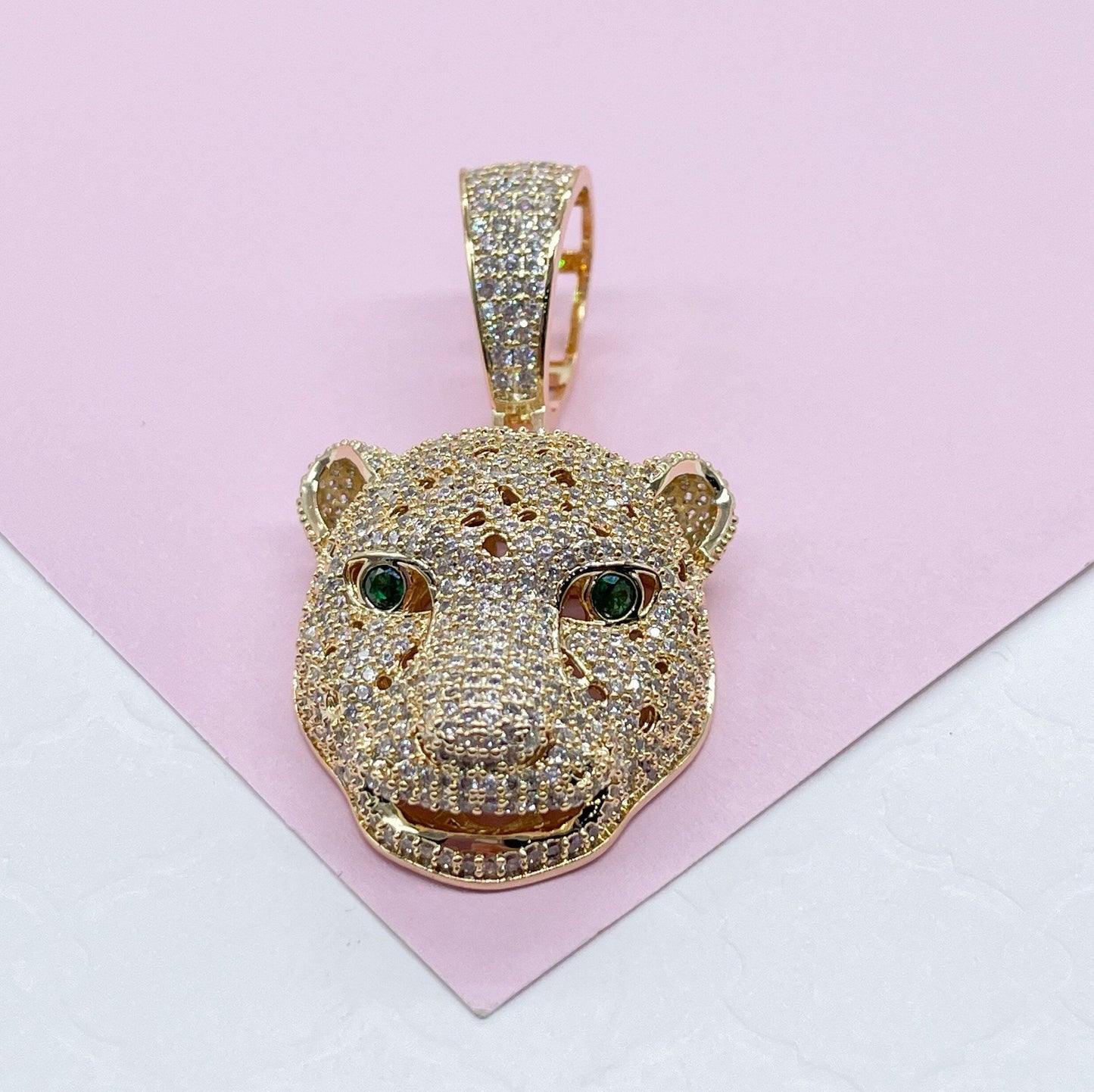18k Gold Filled Micro Pavê Zirconia Panther Head With Emerald Green Eyes