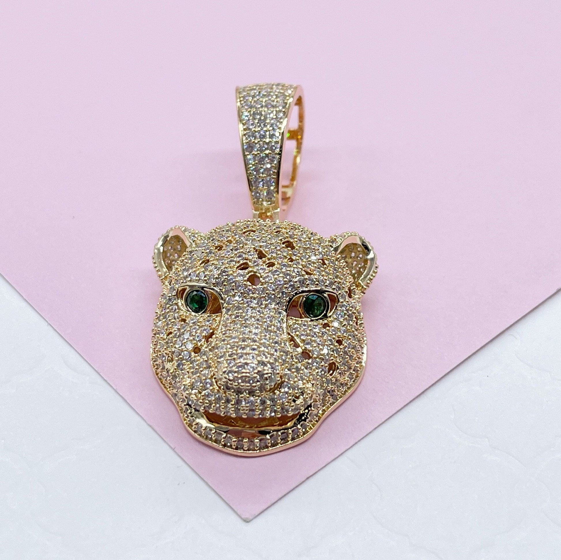 18k Gold Filled Micro Pavê Zirconia Panther Head With Emerald Green Eyes