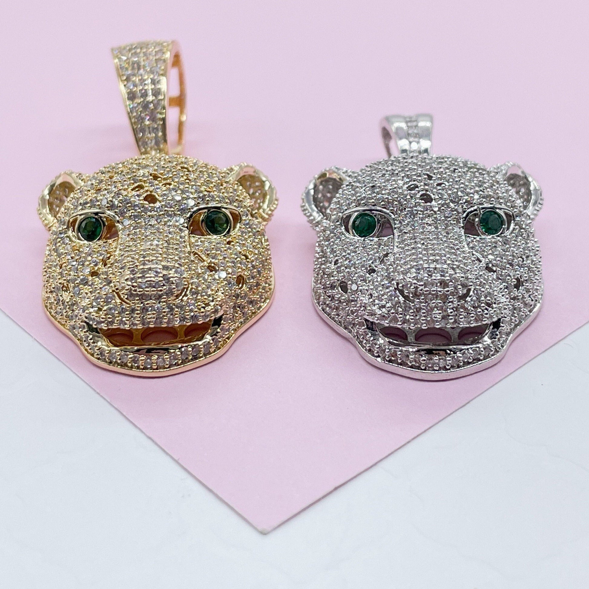 18k Gold Filled Micro Pavê Zirconia Panther Head With Emerald Green Eyes