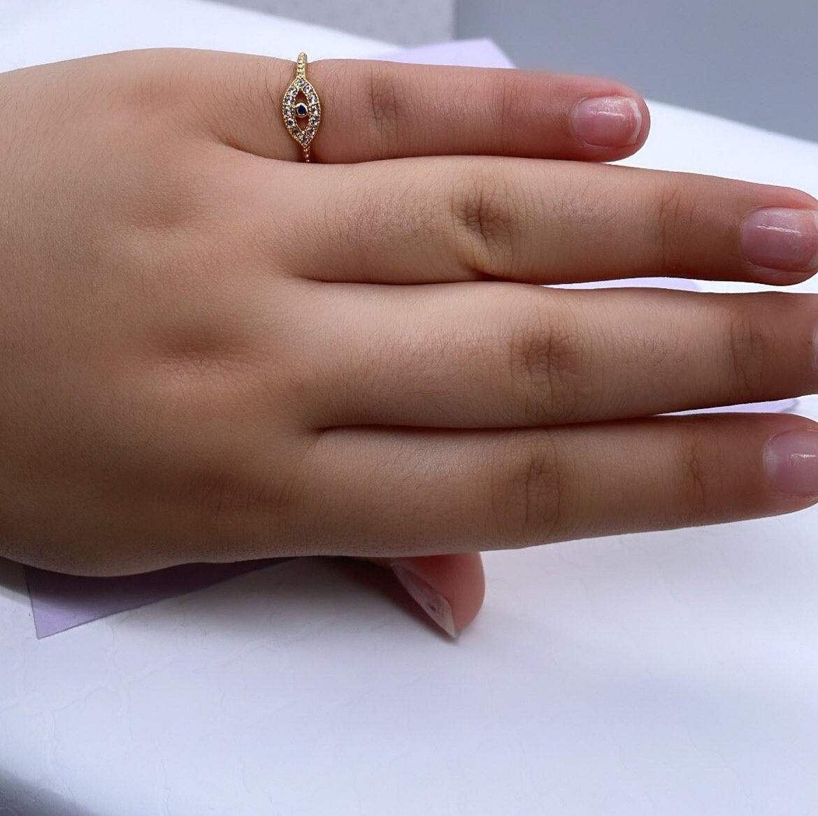 18k Gold Filled Pave Evil Eye Ring With Blue Stone Center