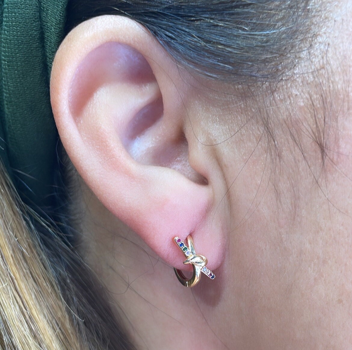 18k Gold Filled Thin & Colorful Knot Huggie Earring