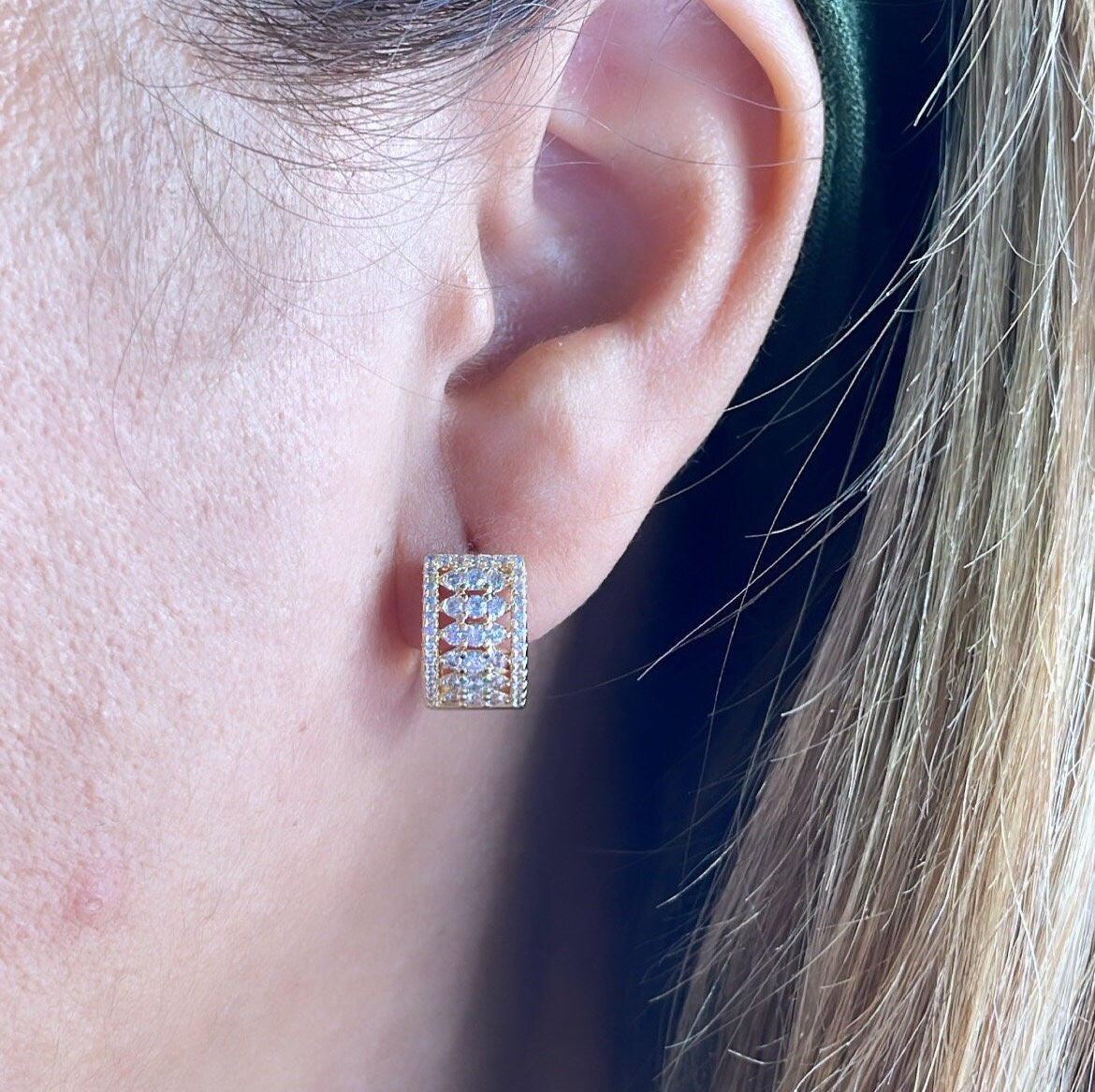18k Gold Filled Chubby Huggies With Rowed Pave Stones