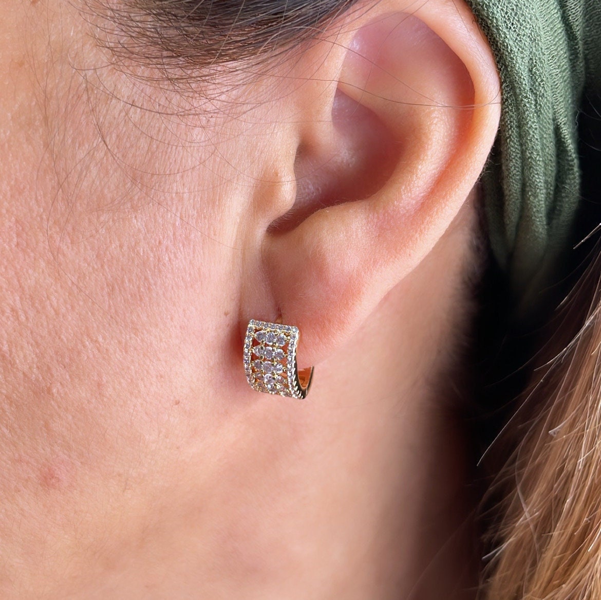 18k Gold Filled Chubby Huggies With Rowed Pave Stones