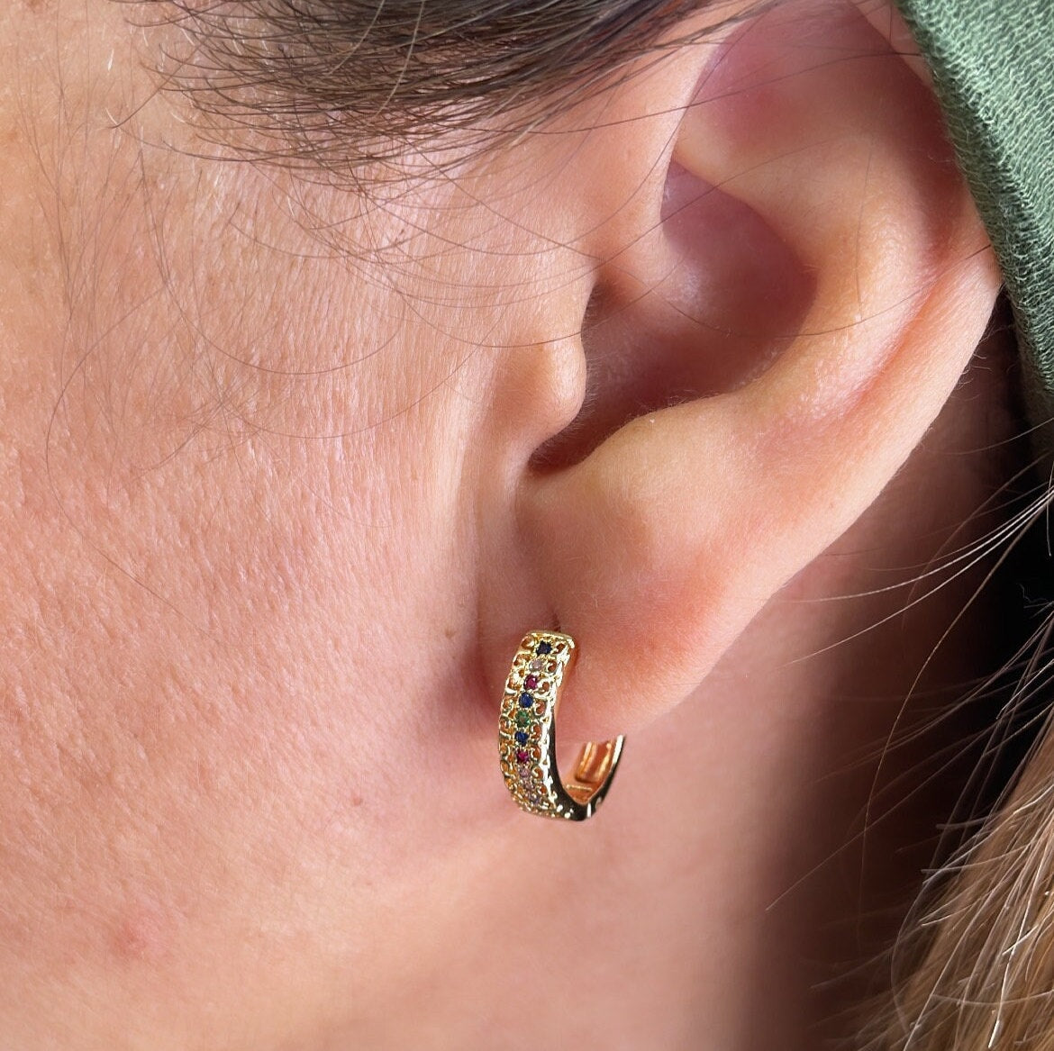 18k Gold Filled Colorful Single Row Pave Huggie Hoop Earrings