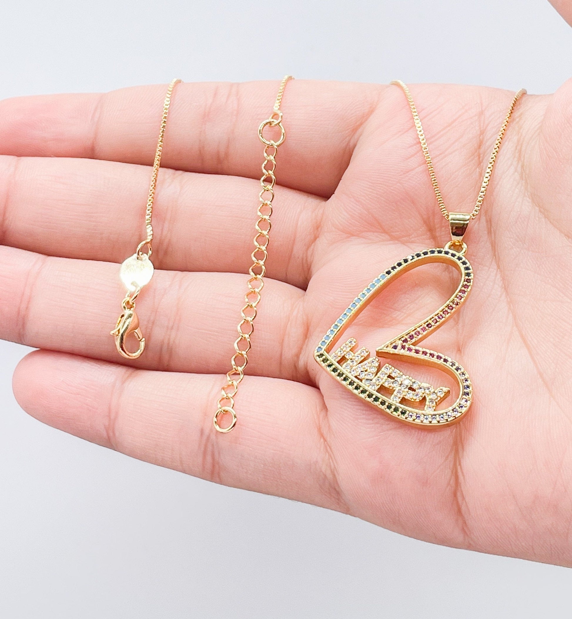 18k Gold Filled Colorful Heart Necklaces With Love, Hope and Happy