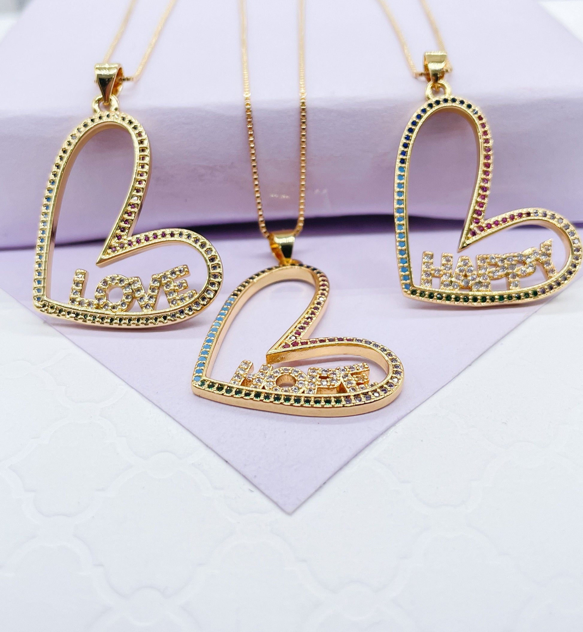 18k Gold Filled Colorful Heart Necklaces With Love, Hope and Happy