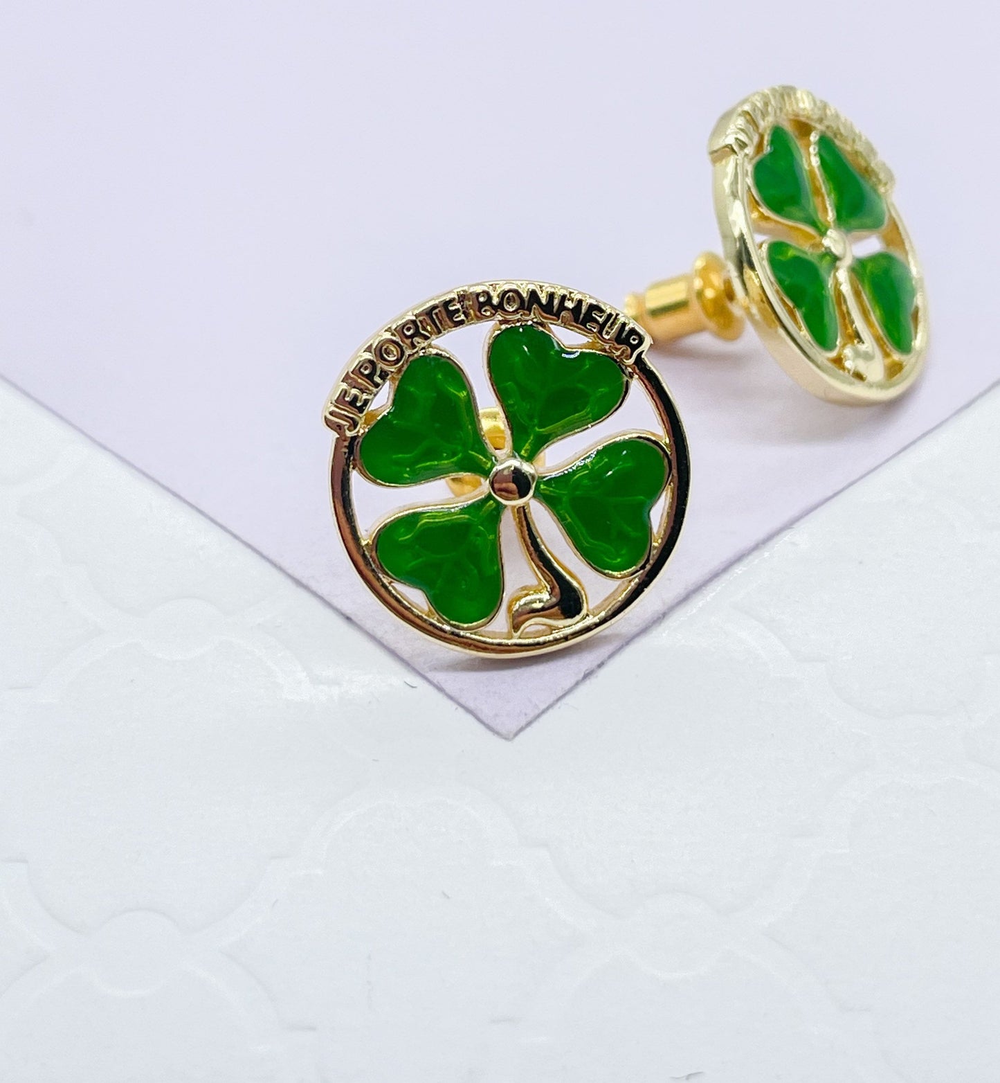 18k Gold Filled Green 4-Leaf Clover Stud Earring