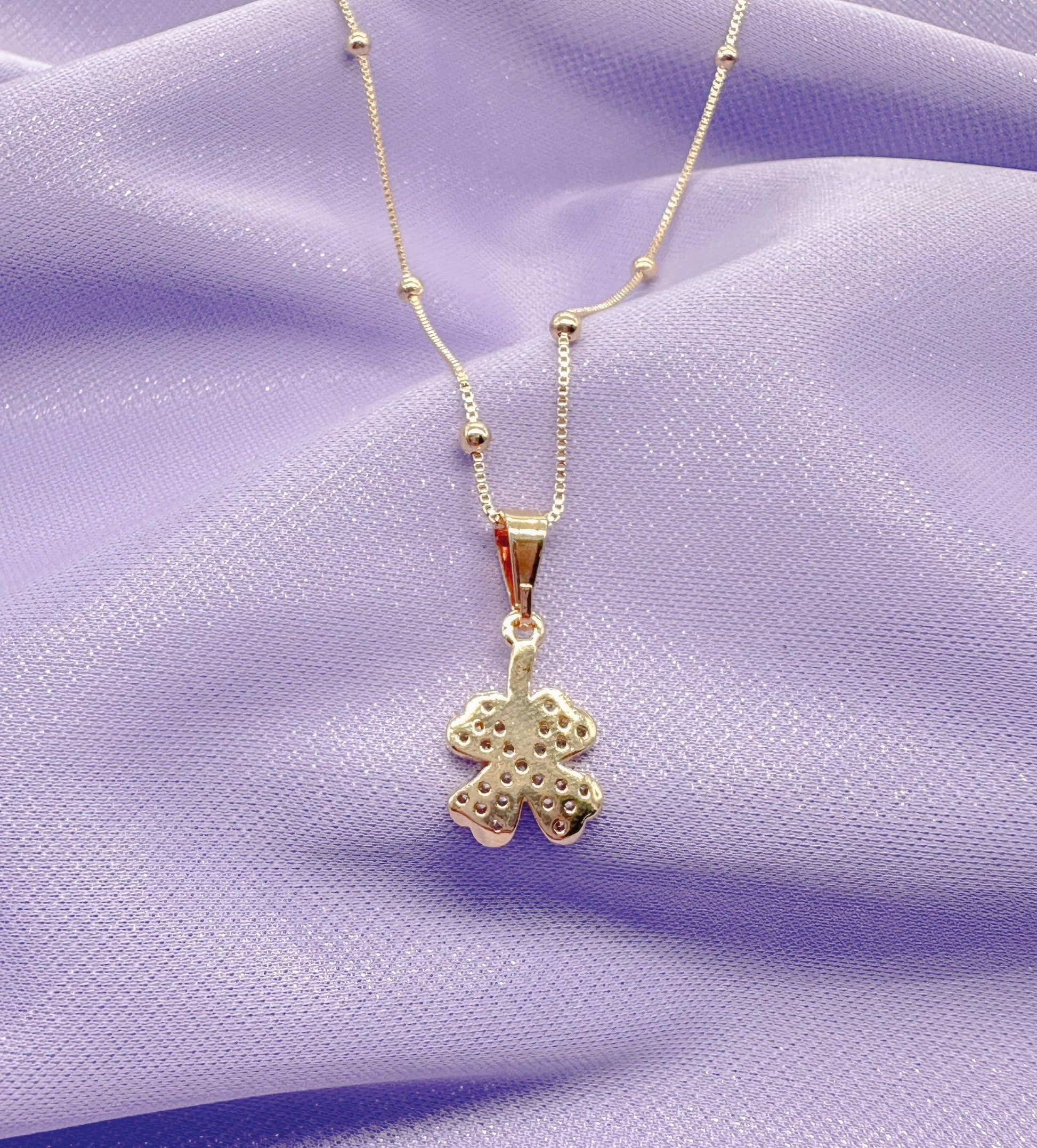 18k Gold Filled Four Leaf Clover Pave Pendant with Satelite Chain