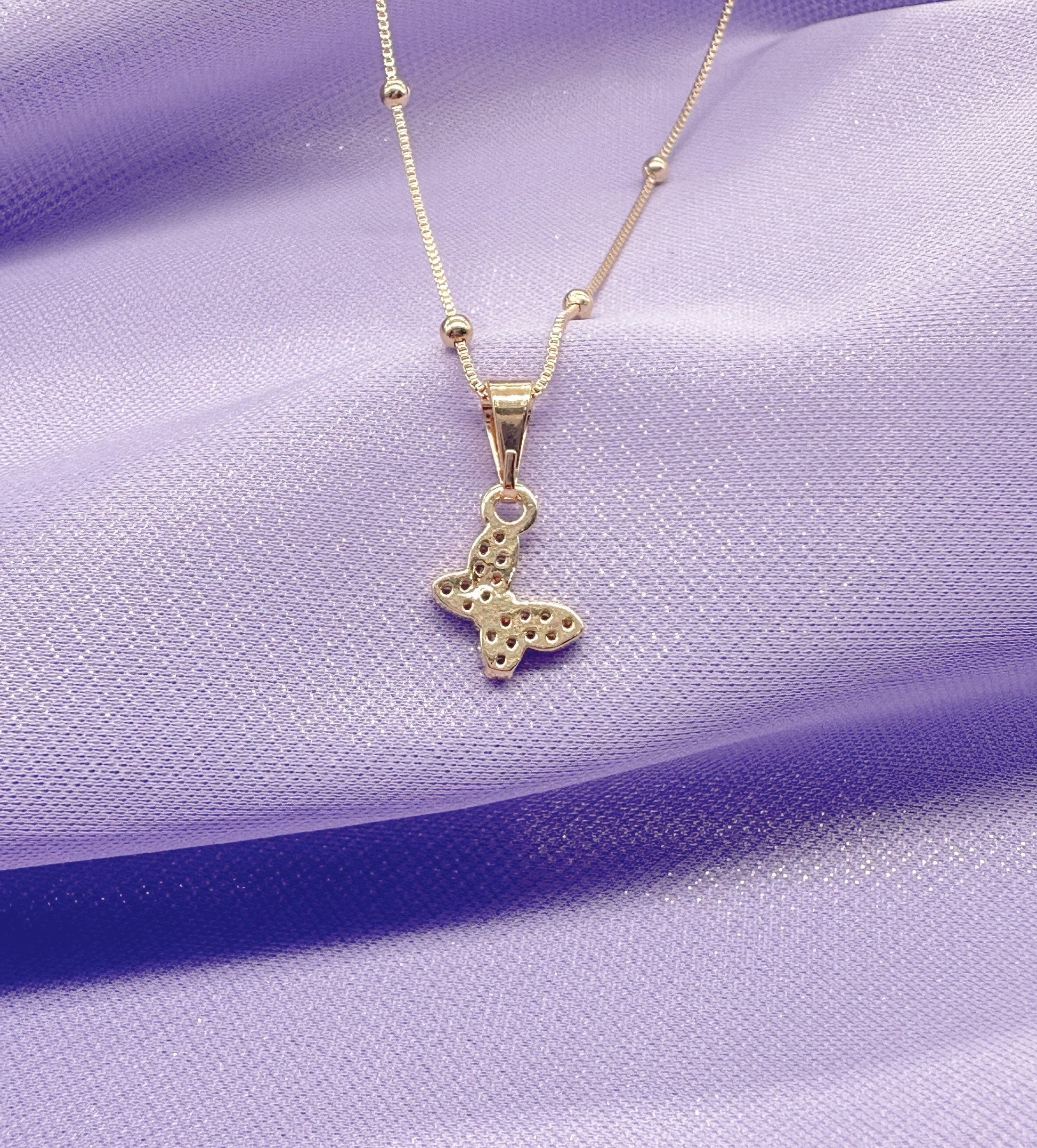 18k Gold Filled Mini Pave Butterfly Pendant with Satelite Chain