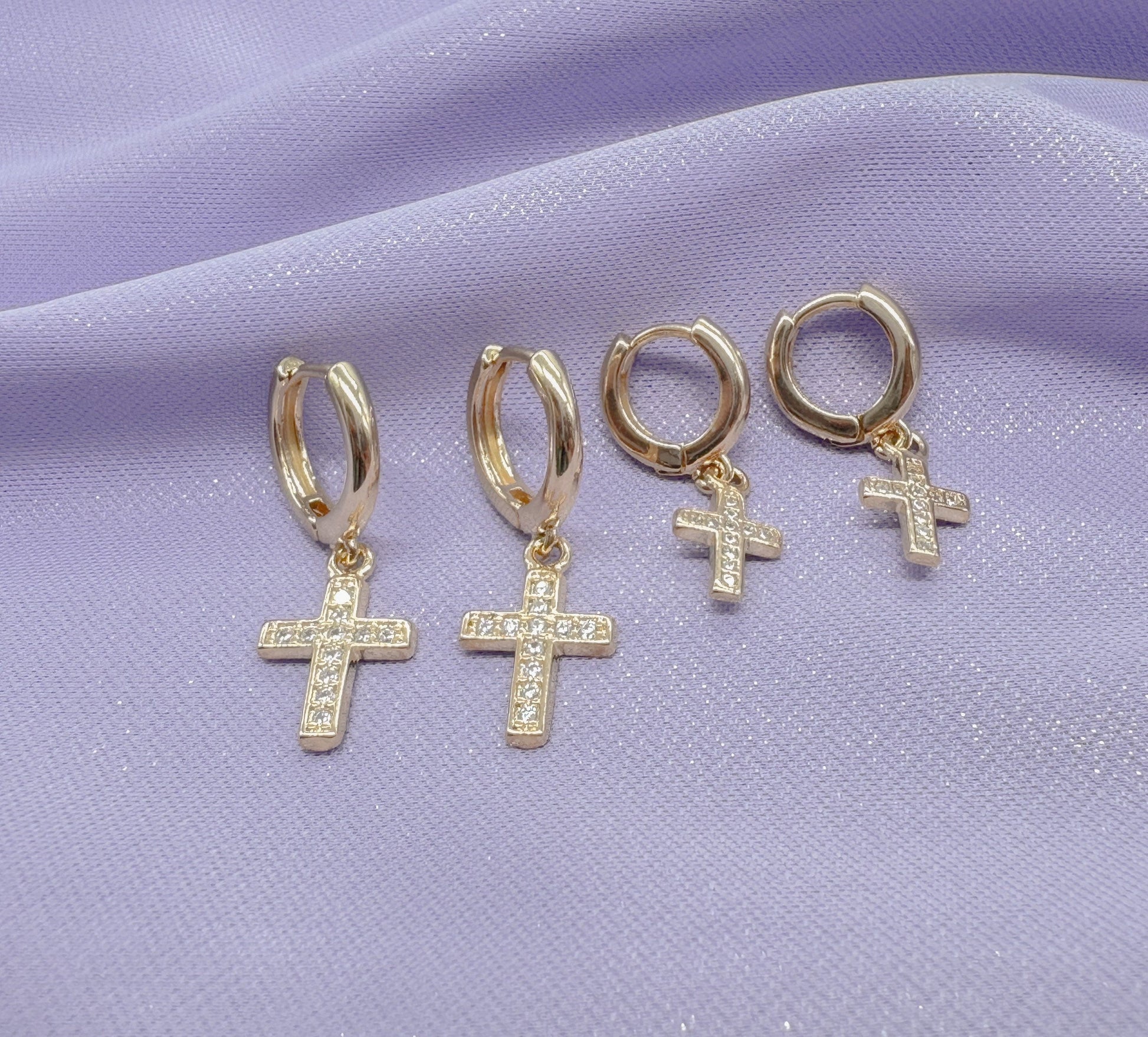 18k Gold Filled Set Of 2 Dangling Pave Cross Hoop Earrings