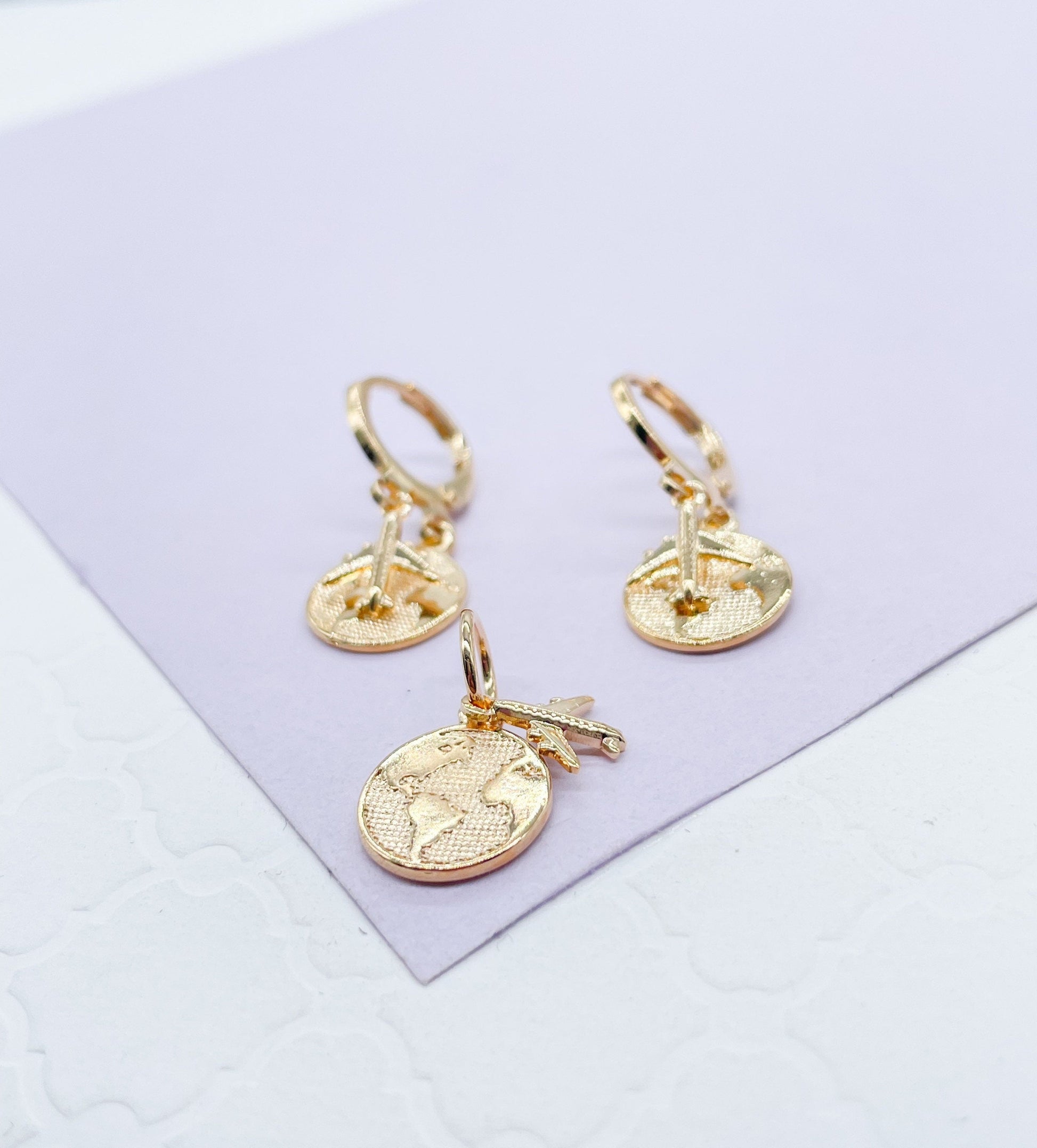 18k Gold Filled World Map Medallion Set, Airplane earrings, travel gift