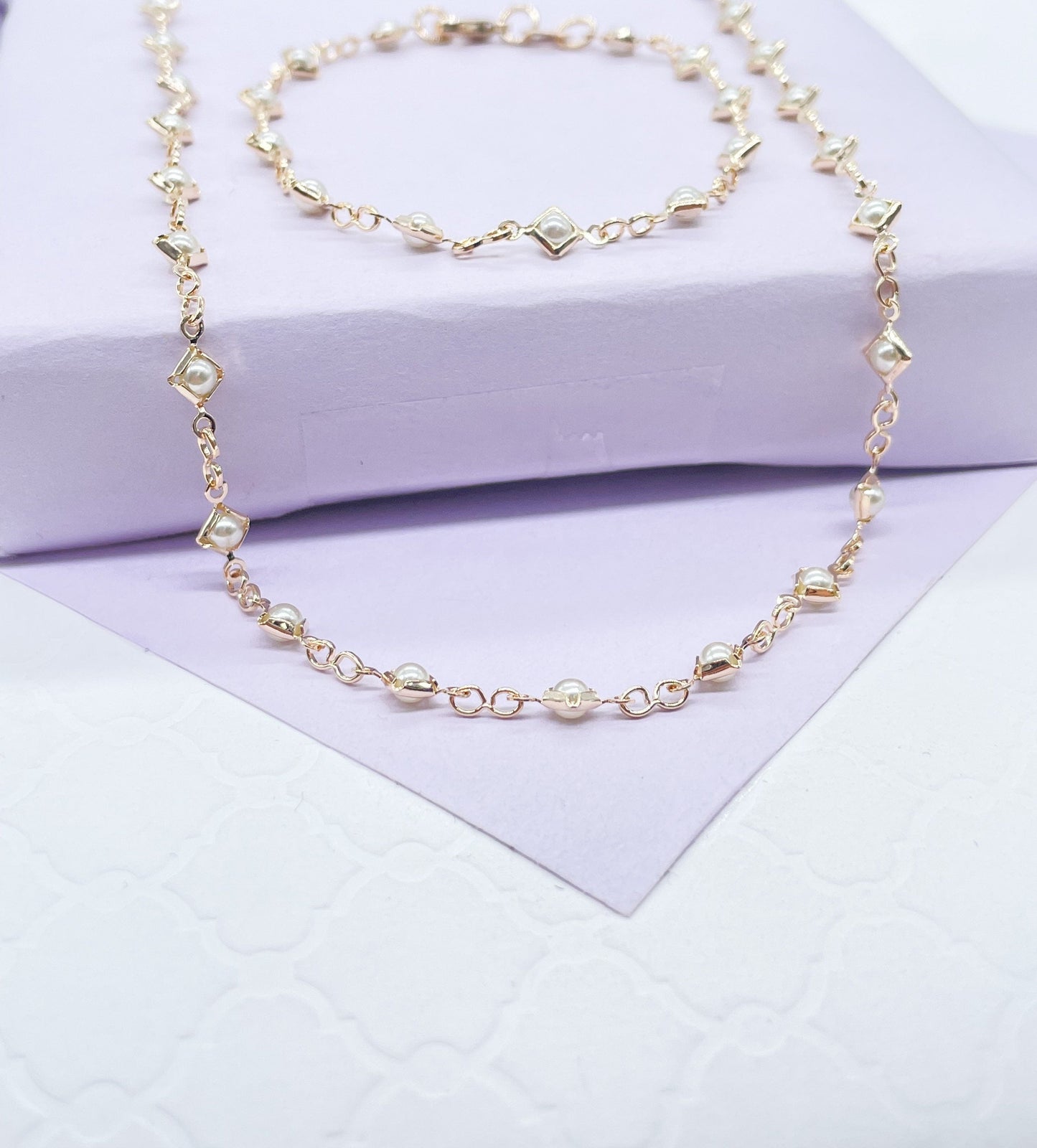 18k Gold Filled Diamond Shaped Gold Guard With Small Round Pearl Set