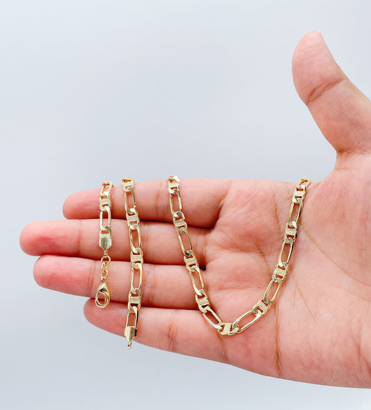 18k Gold Filled Figaro Mariner Fusion Chain with Stamped Pattern