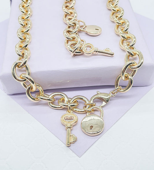 Chunky 18k Gold Filled Lock Heart And Key Bracelet Available in Gold, Rose Gold and Silver Featuring Thick Link Chain