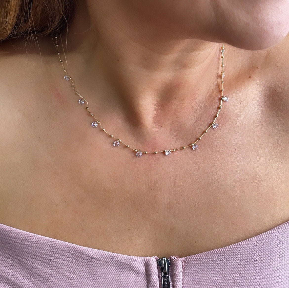 18k Gold Filled Sophisticated Satellite Choker With Dangling CZ Stones