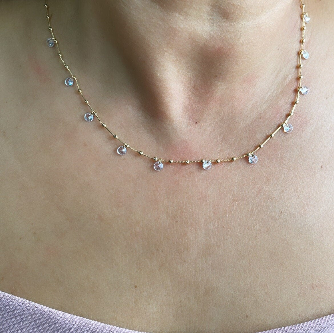 18k Gold Filled Sophisticated Satellite Choker With Dangling CZ Stones