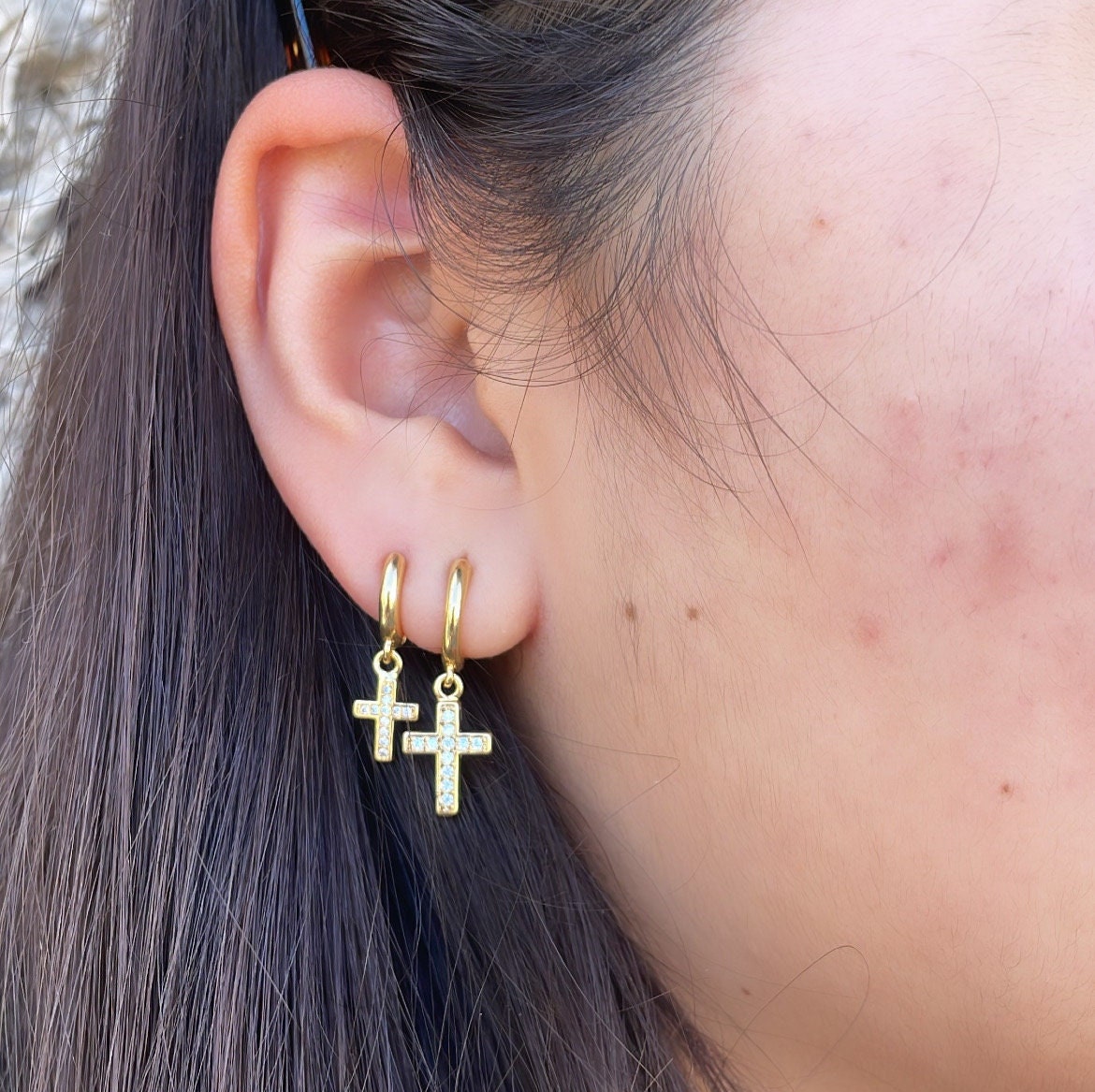 18k Gold Filled 2 Dangling Pave Cross Hoop Earrings