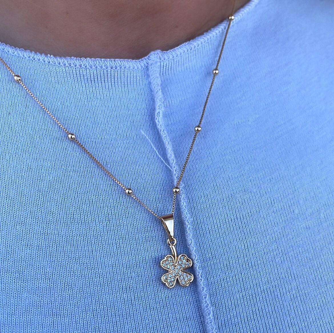 18k Gold Filled Four Leaf Clover Pave Pendant with Satelite Chain