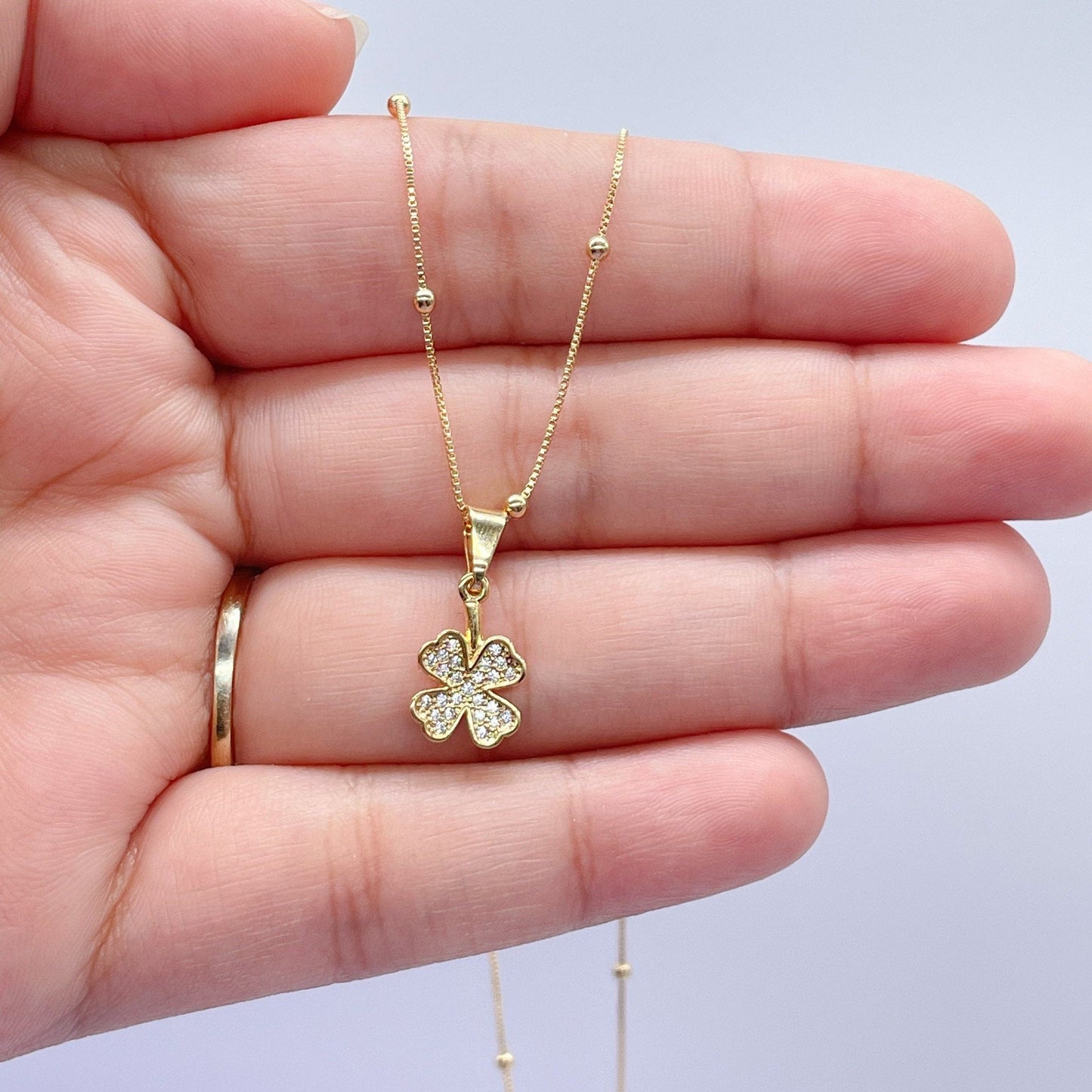 18k Gold Filled Four Leaf Clover Pave Pendant with Satelite Chain