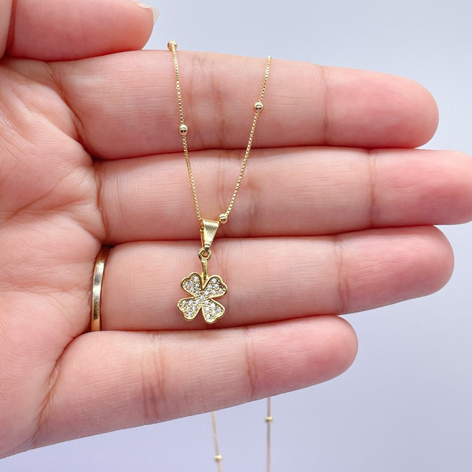18k Gold Filled Four Leaf Clover Pave Pendant with Satelite Chain