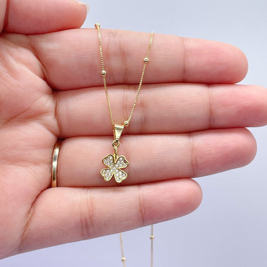 18k Gold Filled Four Leaf Clover Pave Pendant with Satelite Chain