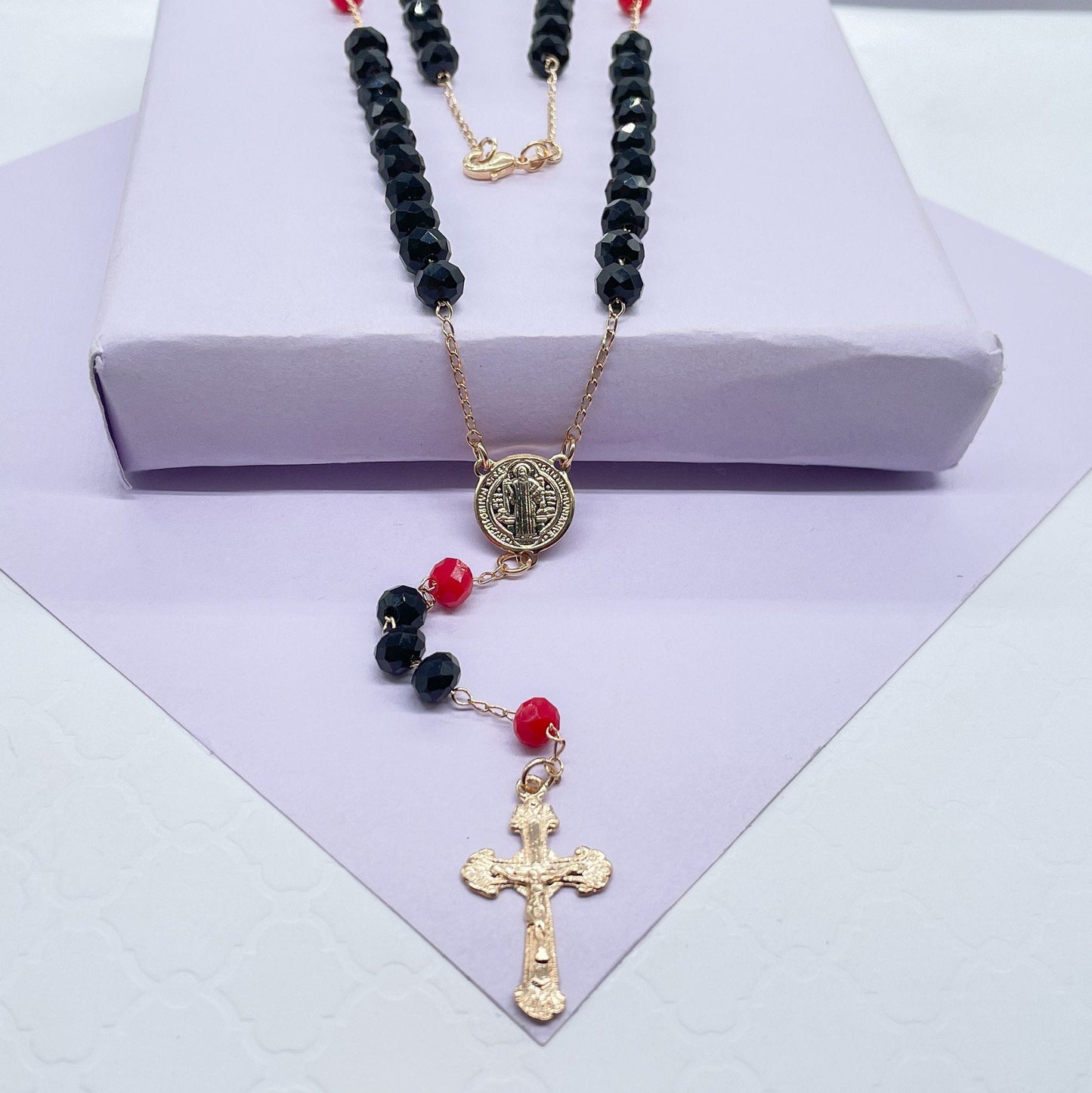 18k Gold Filled Black and Red Beaded Rosary With San Benito Charm And Cross