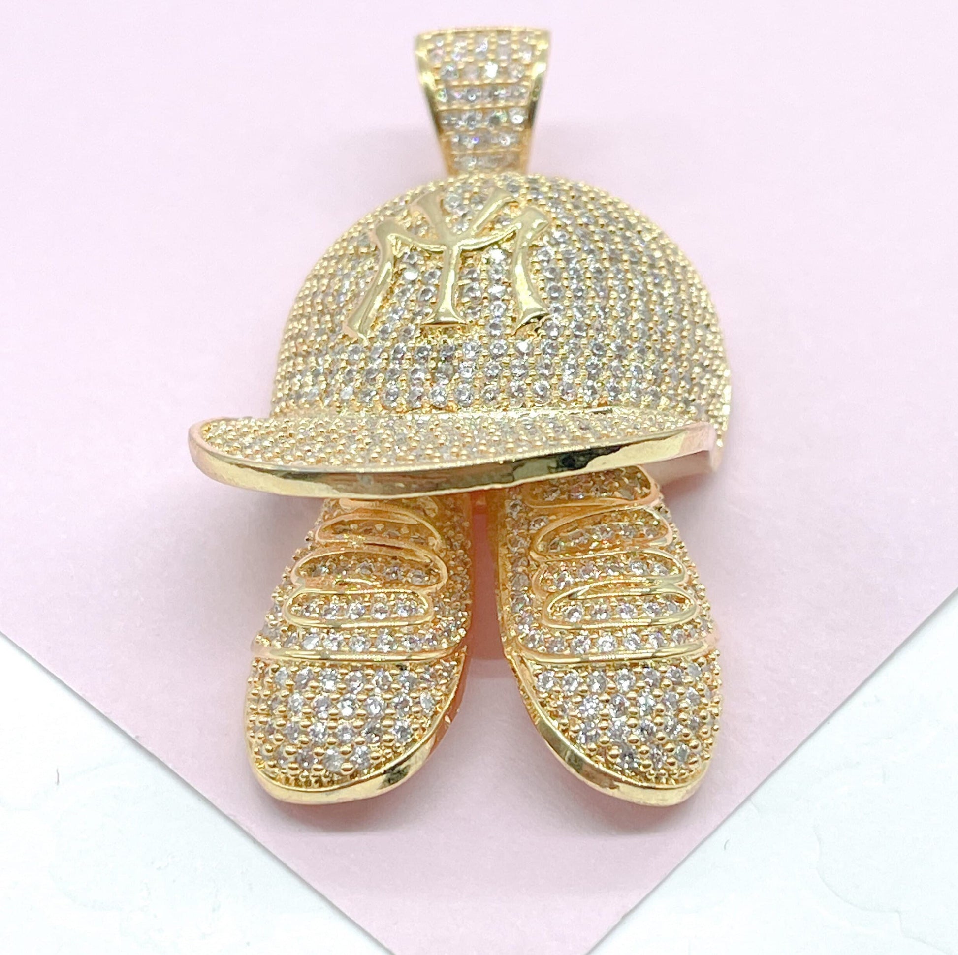 18k Gold Filled Micro Pavê Large Baseball Cap with shoes Pendant